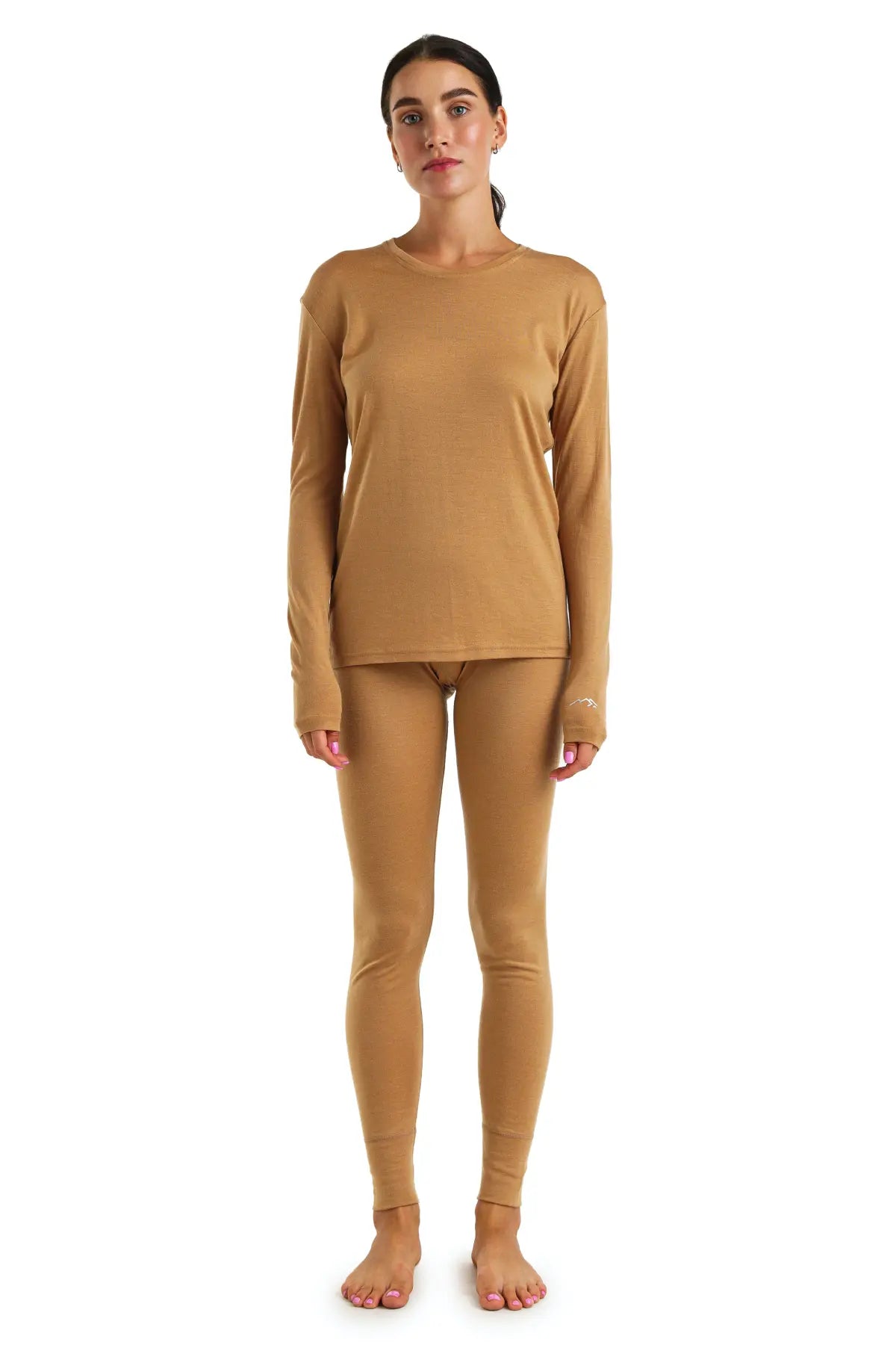 Women's Merino Wool Thermal Underwear Set - 165 Camel Color - Soft & Warm Base Layer for Winter, Hiking & Outdoor Activities