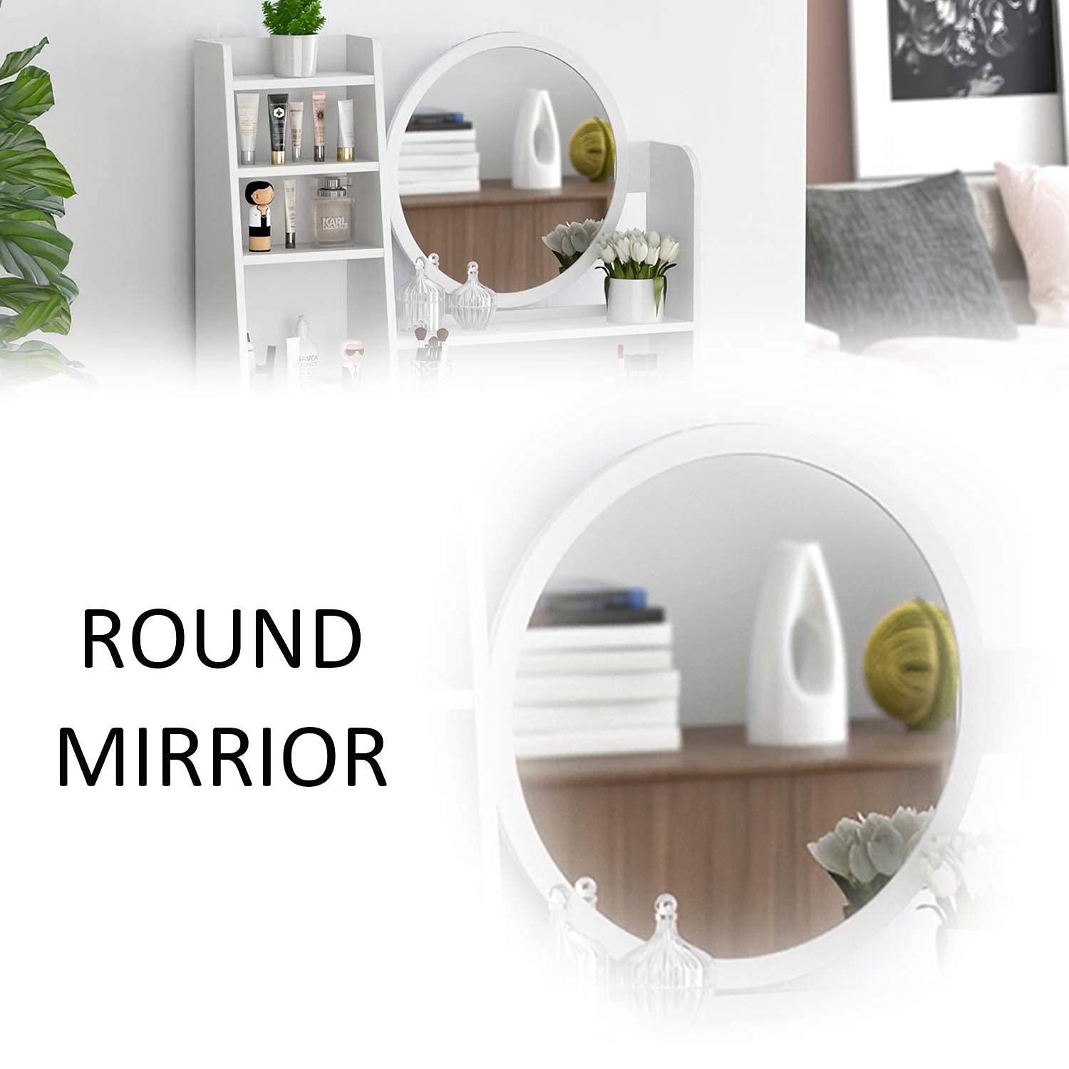 FUFU&GAGA White Vanity Set with Round Mirror - 5 Drawers Makeup Dressing Table with Shelves, Dresser Desk & Cushioned Stool for Bedroom, Bathroom or Dorm Room Decor