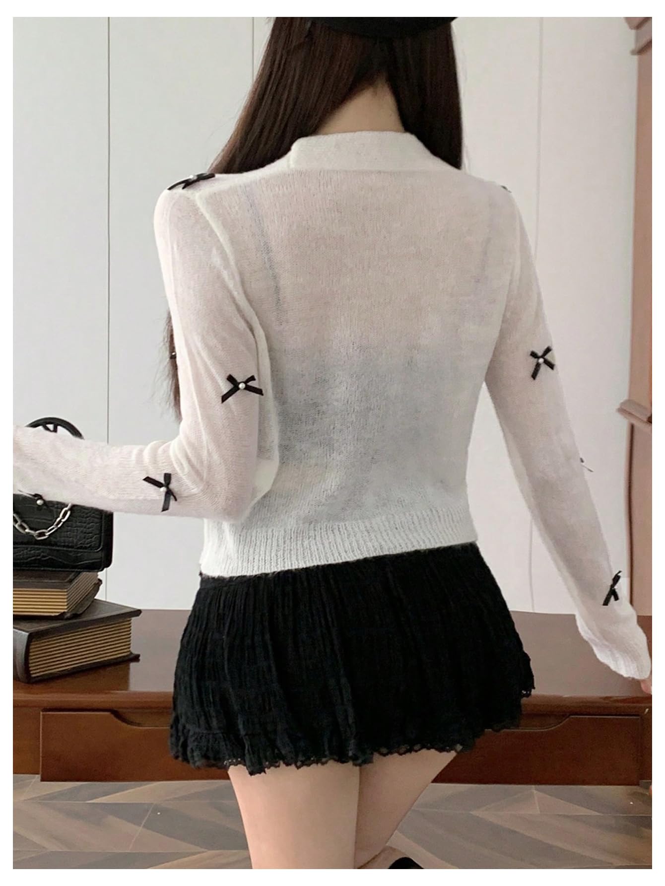GORGLITTER Women's Cropped Knit Cardigan with Bow Buttons - Long Sleeve Button Down Sweater for Casual Outfits & Office Wear
