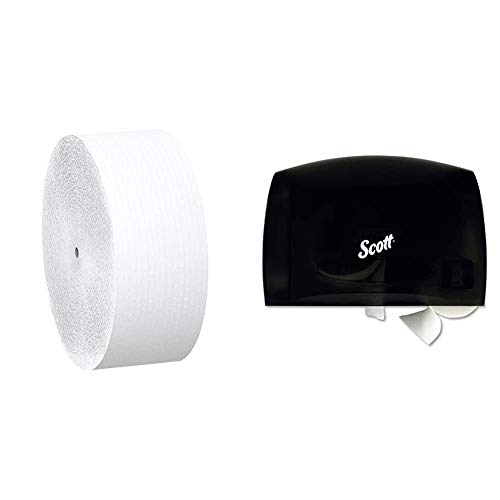 Scott Essential Jumbo Roll JR. Coreless Toilet Paper (07005) with Dispenser (09602) - Smoke & Black | Commercial & Home Bathroom Use | Bulk Coreless Tissue for Offices, Restaurants & Households