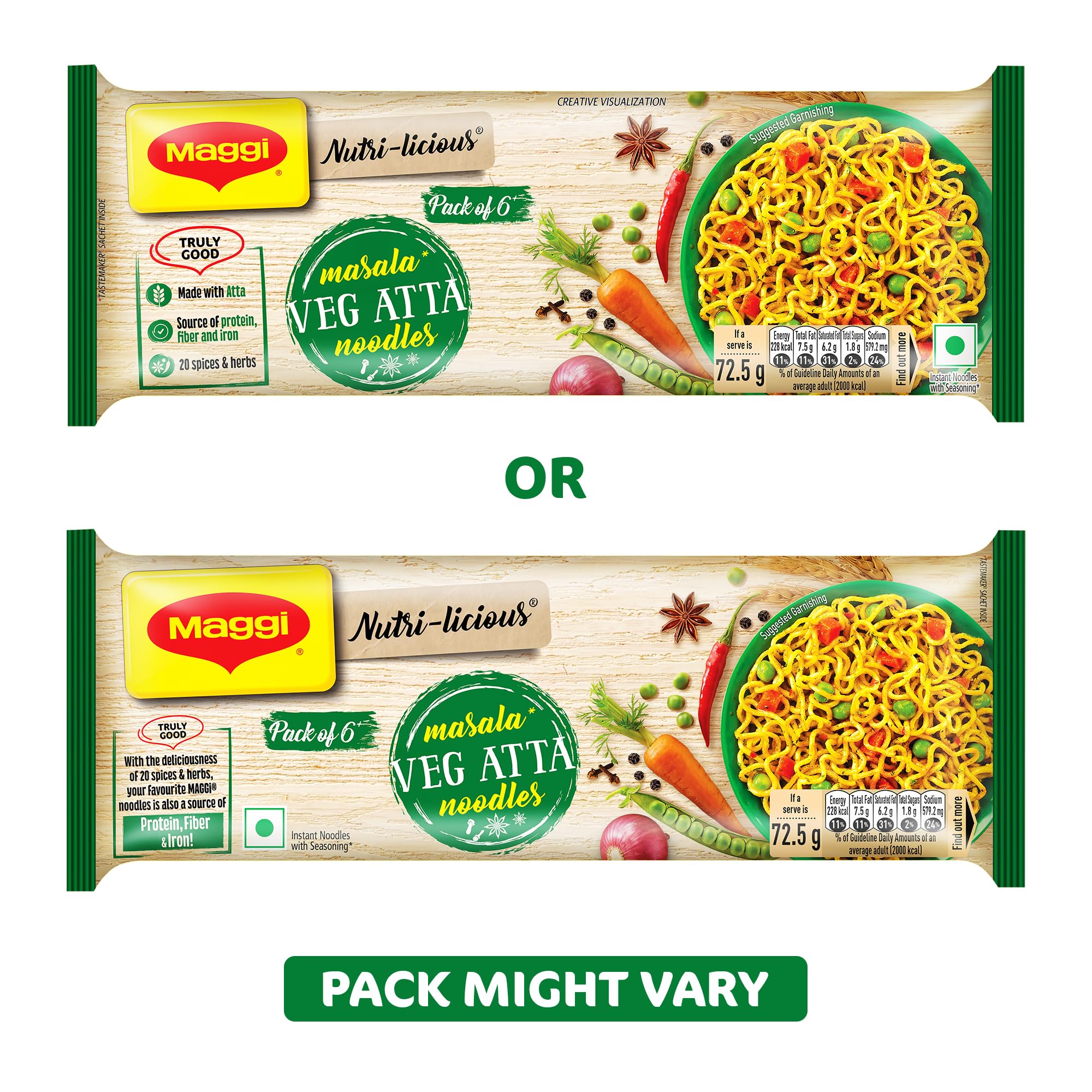 MAGGI Nutri-Licious Veg Atta Masala Noodles - 20 Spices & Herbs Instant Noodles | High in Fiber & Iron | 435g Pack | Quick Meal for Busy Days & College Students