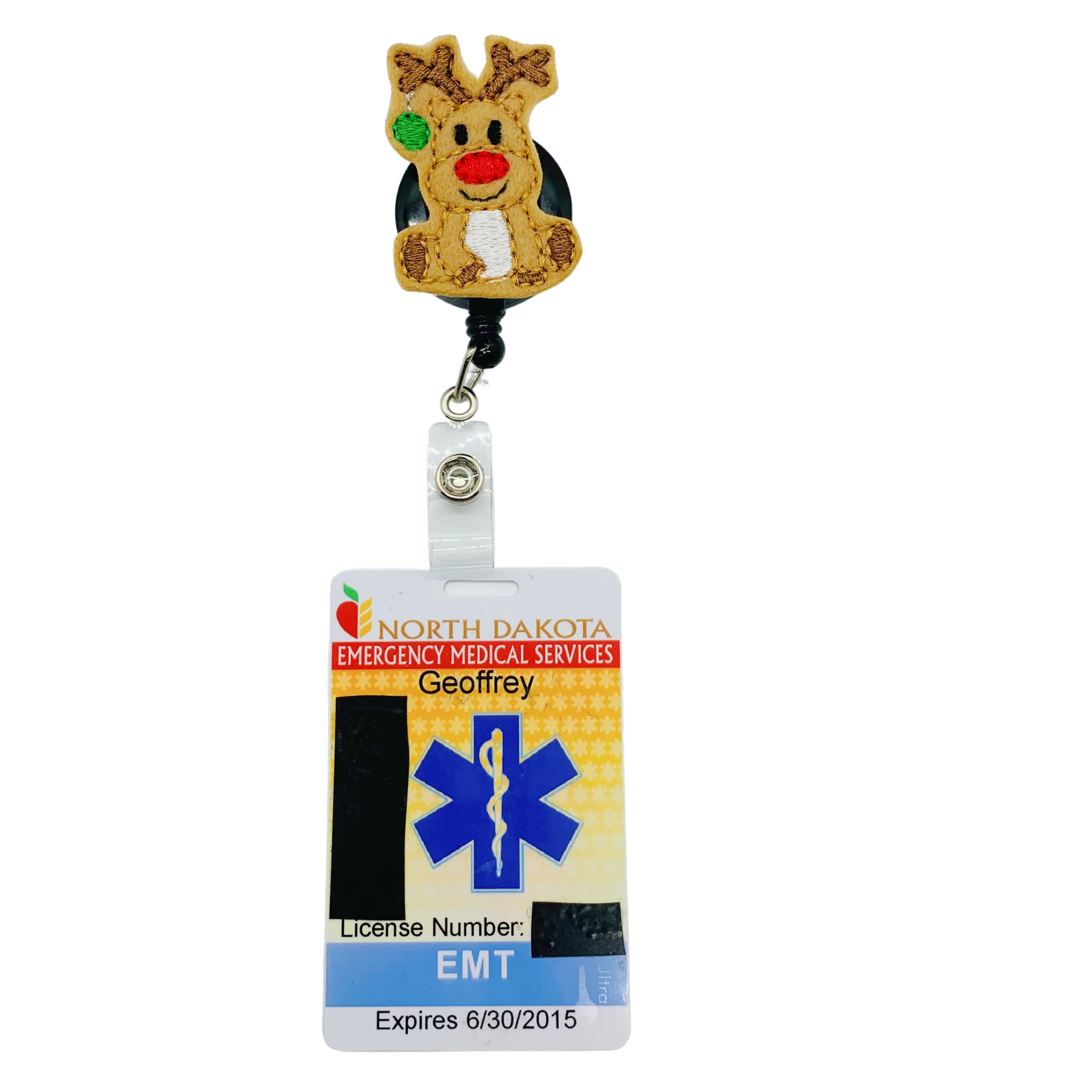 Retractable Christmas ID Badge Reel with Reindeer Design - Deer Name Tag Clip (Carabiner) for Office, School, or Holiday Events