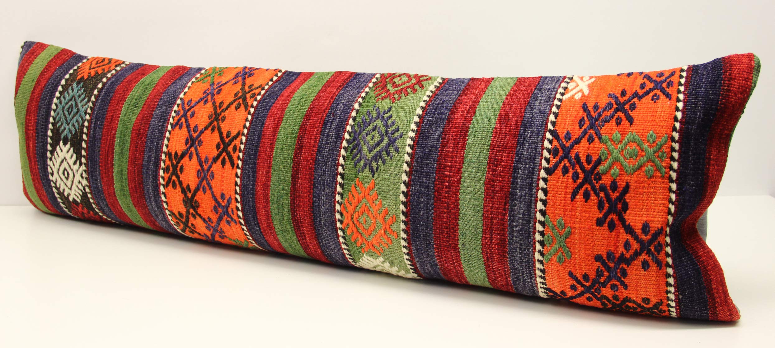King Size Kilim Pillow Cover 14x47 Inches (35x120 cm) - Handwoven Bohemian Lumbar Pillow Case for Sofa, Bed, Couch - Twin Extra Long Decorative Throw Pillow Cover for Home Decor