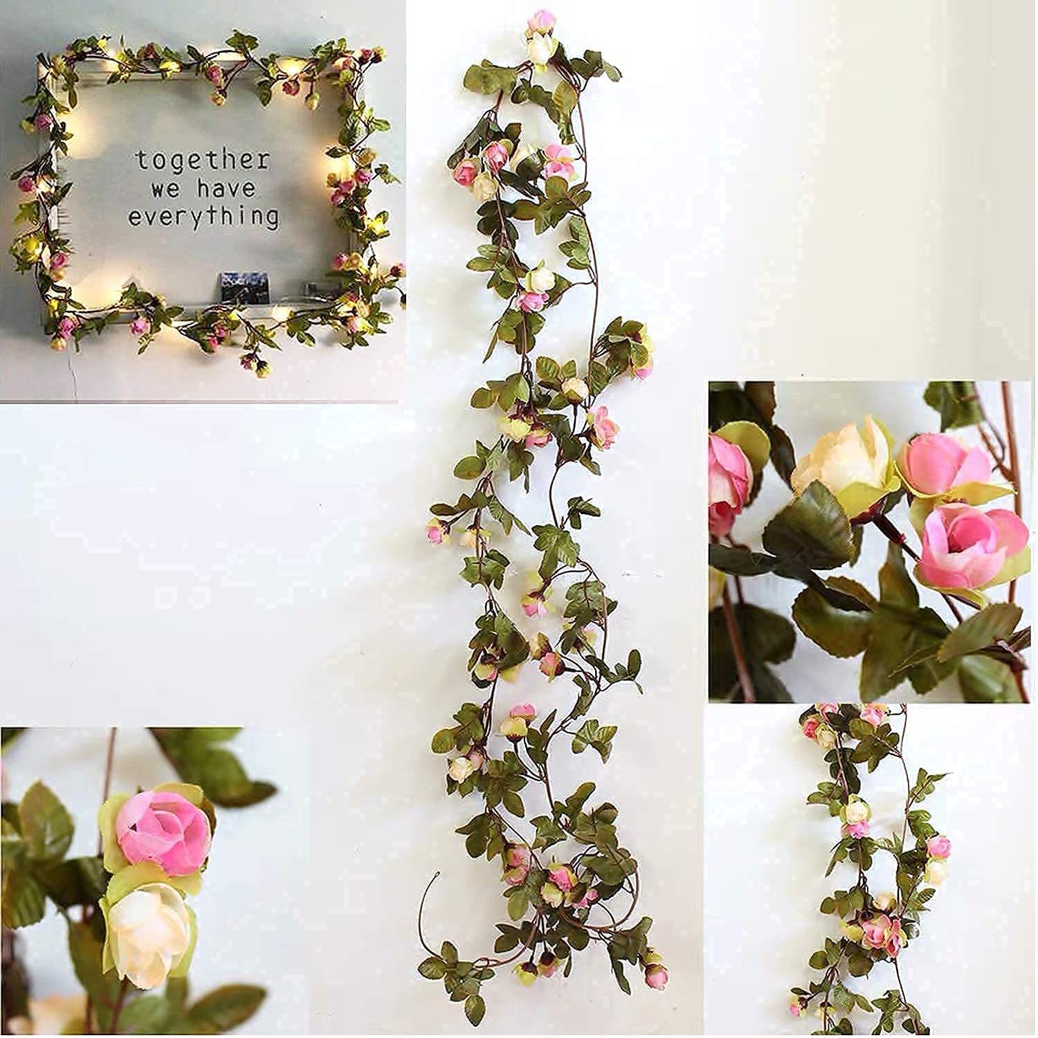 20 LED Artificial Rose Flower Vine String Lights - 2 Meter (6 ft) Battery Operated Rose Ivy Garland Fairy Lights for Wedding, Birthday, Garden Party Decor | Romantic Home, Bedroom, Patio Lighting Decorations