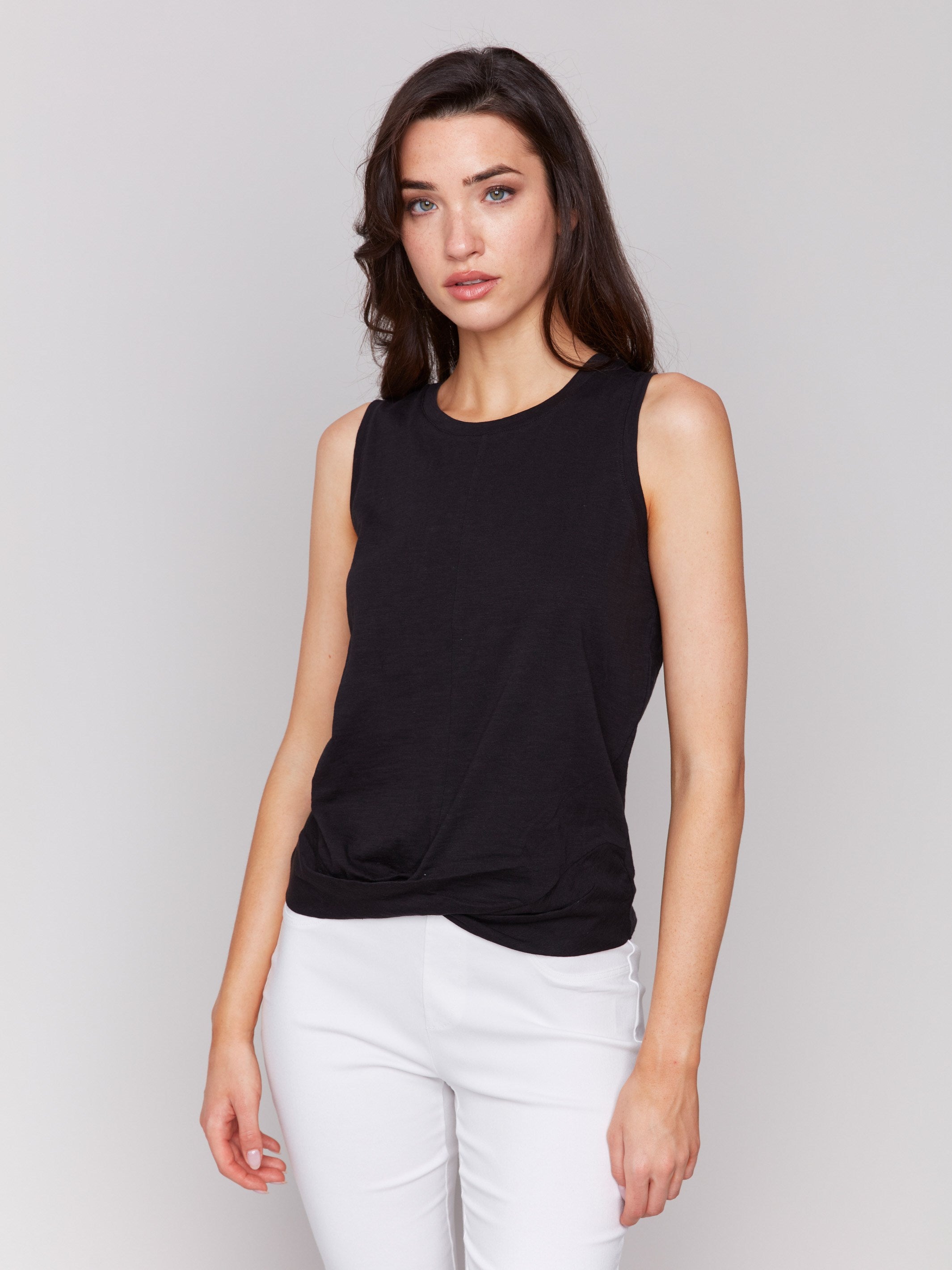 Organic Cotton Slub Tank Top with Knot Detail - Black | Women's Casual Summer Tops for Beach, Yoga & Everyday Wear