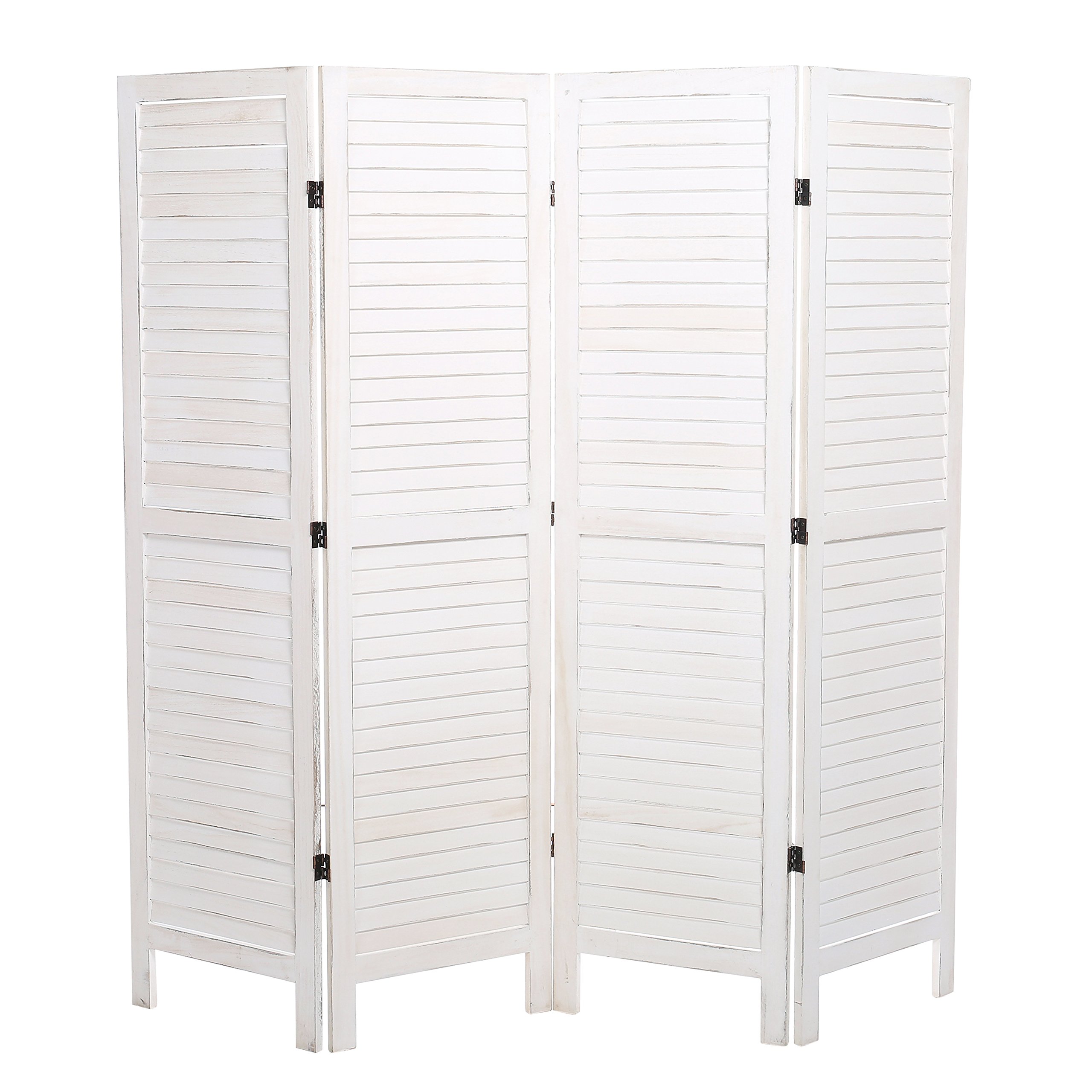 MyGift Whitewashed 4-Panel Wooden Room Divider - Folding Louvered Privacy Screen for Home, Office & Bedroom Partition - Rustic Farmhouse Decor for Living Room, Dorm or Studio Space