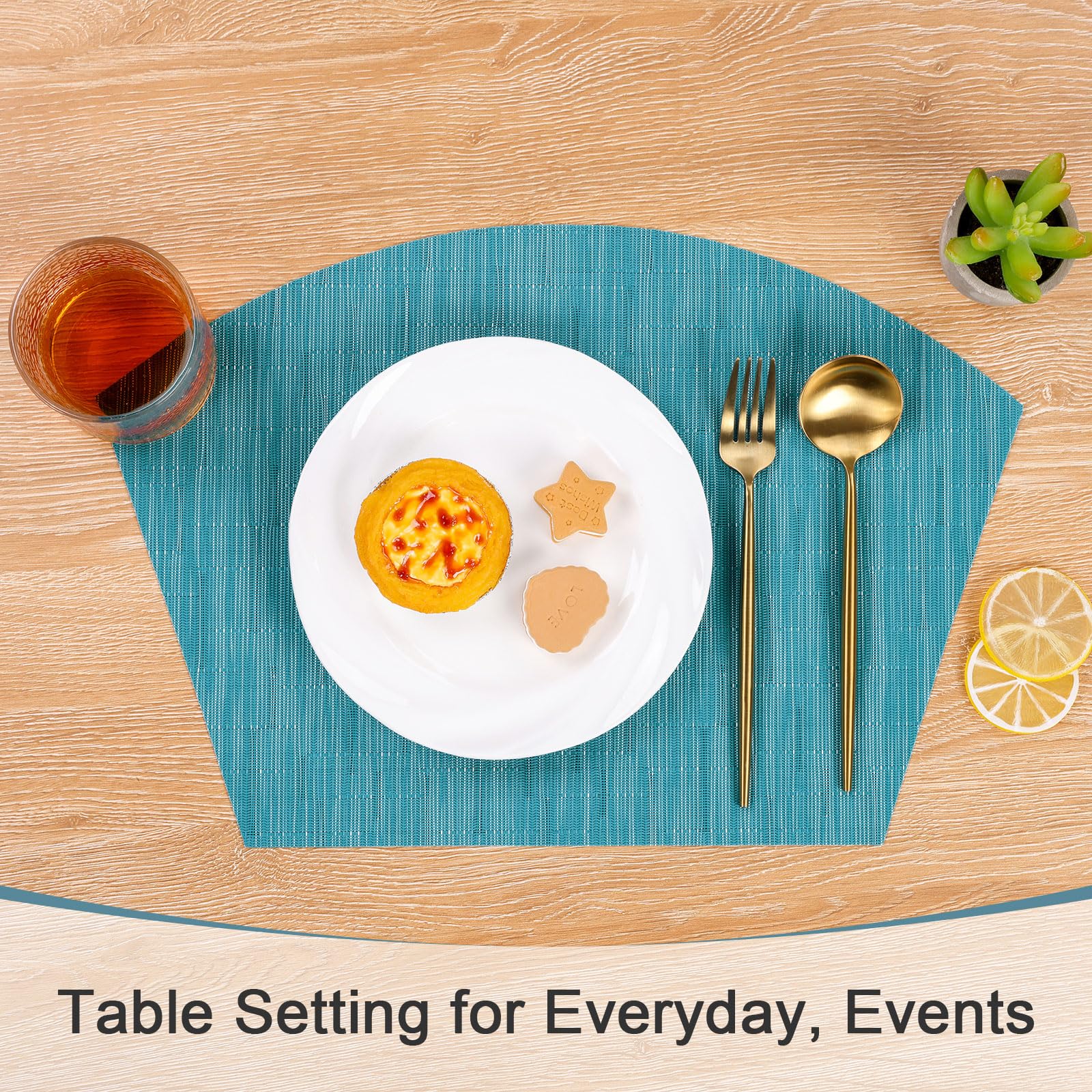 SHACOS 4-Pack Round Wedge Placemats Set - Heat Resistant Woven Vinyl PVC Table Mats for Indoor & Outdoor Use - Wipe Clean & Durable - Perfect for Dining Tables, Picnics, and Parties (Teal Blue)