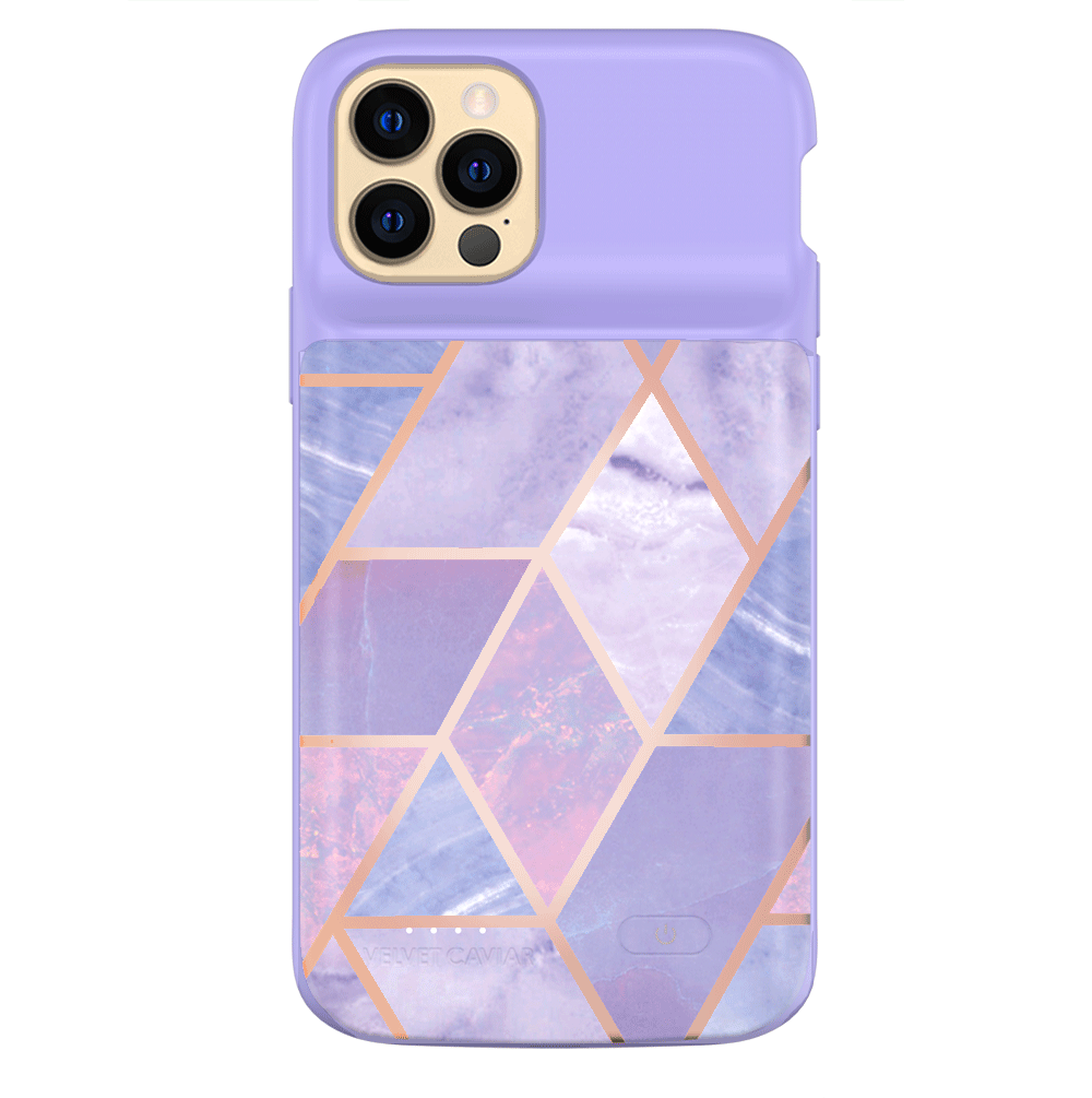 Geometric Pattern Purple iPhone Charging Case - Durable Protective Cover with Built-in Battery for iPhone 12/13/14/15 - Perfect for Travel, Work & Everyday Use