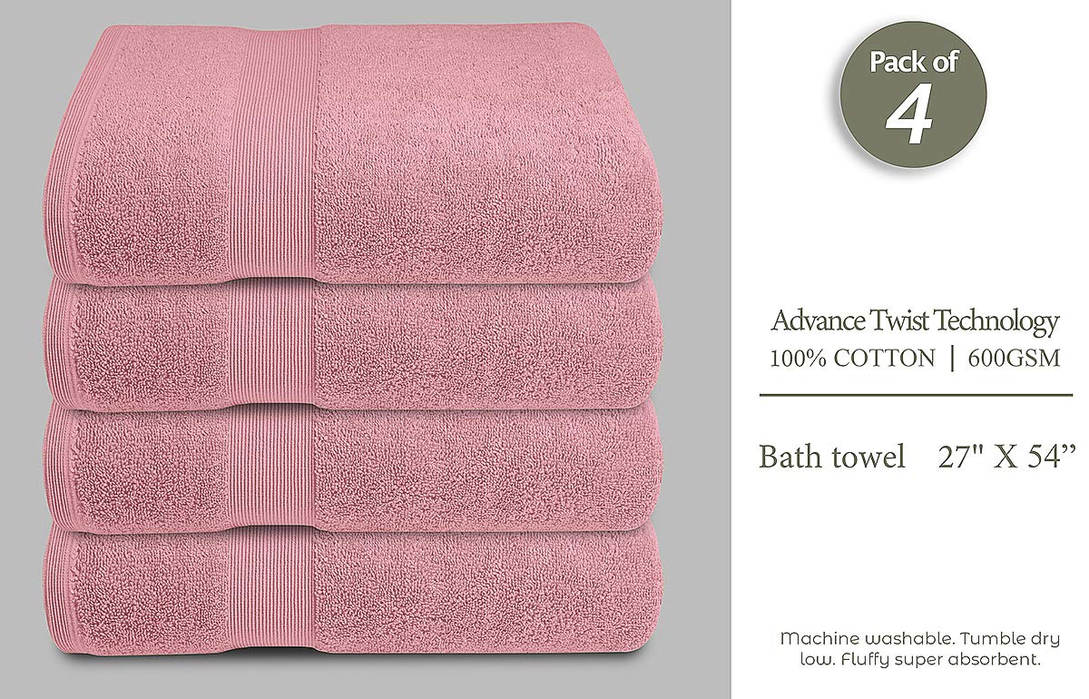 Softolle 100% Cotton Luxury Bath Towels Set of 4 - Ultra Soft & Highly Absorbent 27x54 Inch Bathroom Towels - Eco-Friendly, Plush & Quick-Drying for Spa, Hotel & Home Use (Pink)