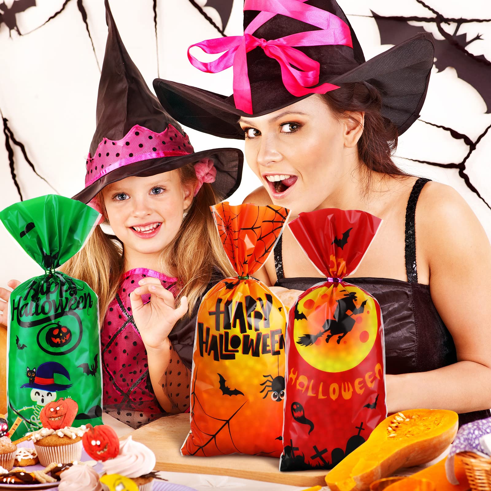 100 Pcs Halloween Cellophane Bags - Creepy Carnival Party Favors, Plastic Treat Bags with Ties for Candy & Goodies - Spooky Halloween Circus Decorations & Gift Supplies (Classic Style) - Perfect for Trick-or-Treating, Classroom Treats & Halloween Party Favors
