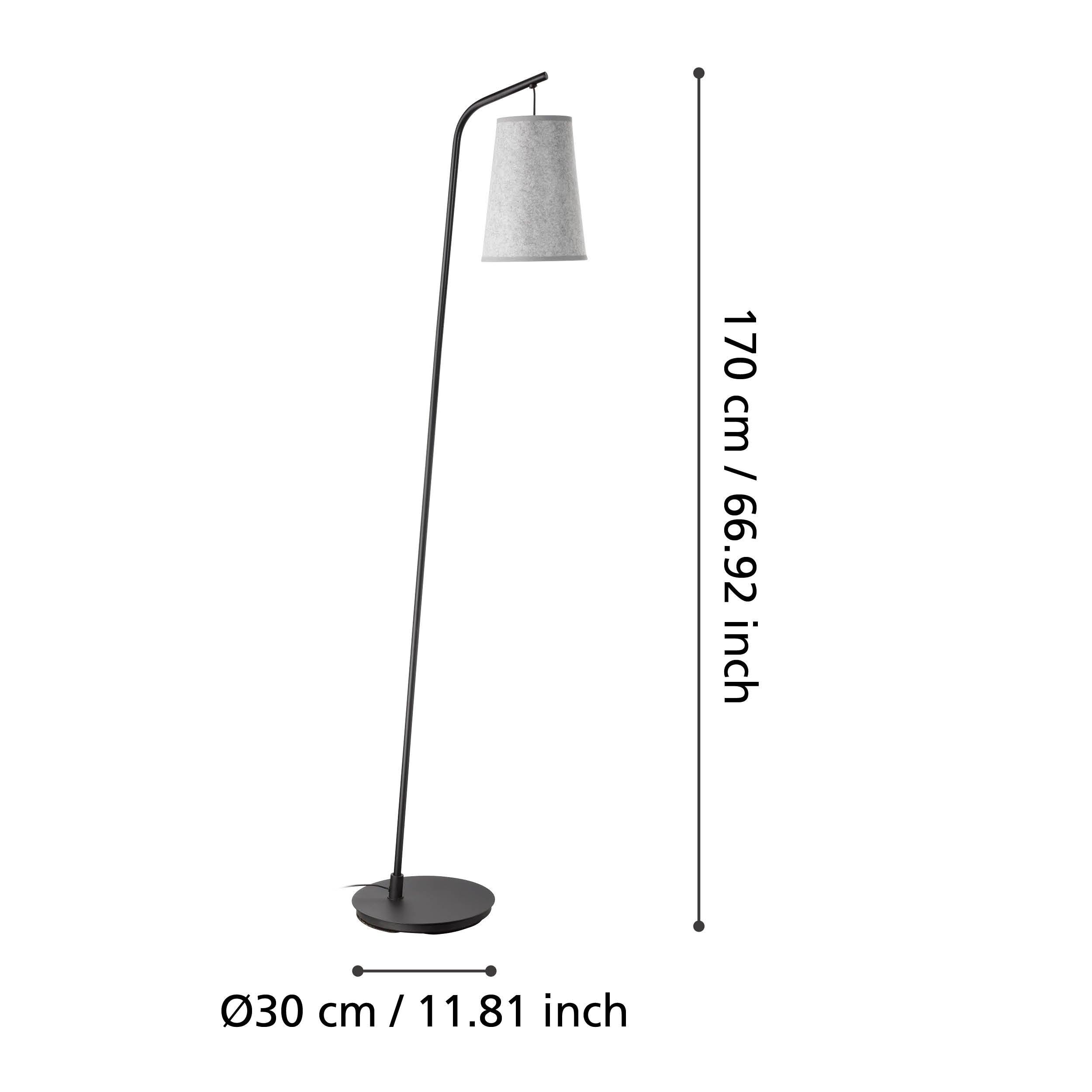 Eglo Alsager Modern Black Floor Lamp with Grey Felt Conical Shade - Tall Standing Light for Living Room, Bedroom, or Office Decor