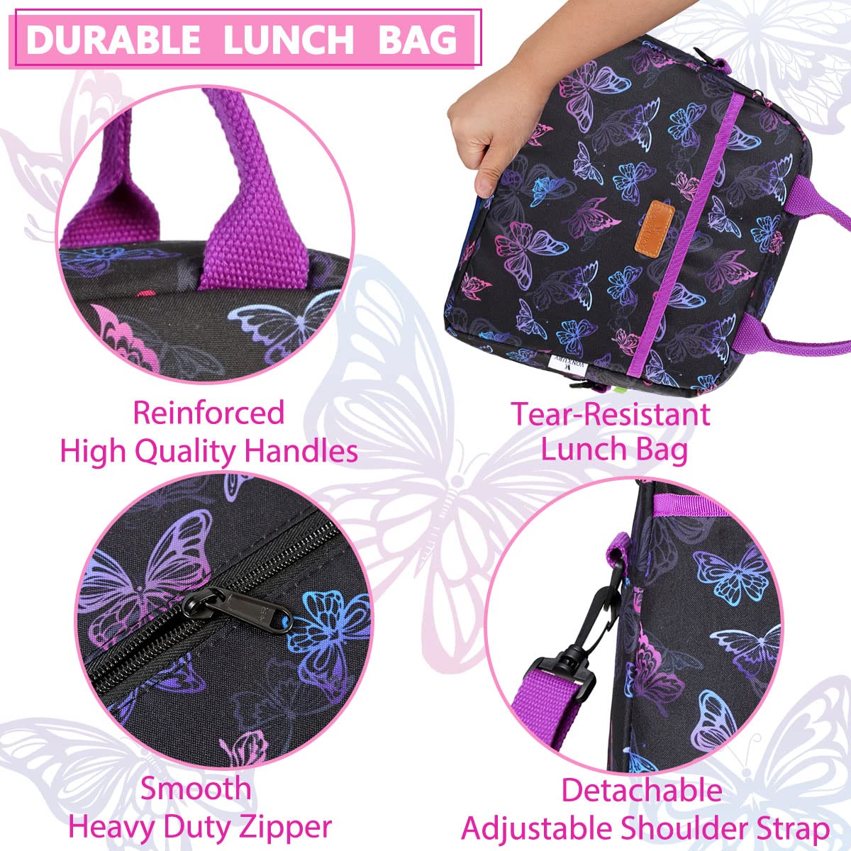 VONXURY Insulated Lunch Bag for Women - Thermal Lunch Tote with Removable Shoulder Strap, Butterfly Design | Perfect for Work, School & Picnics