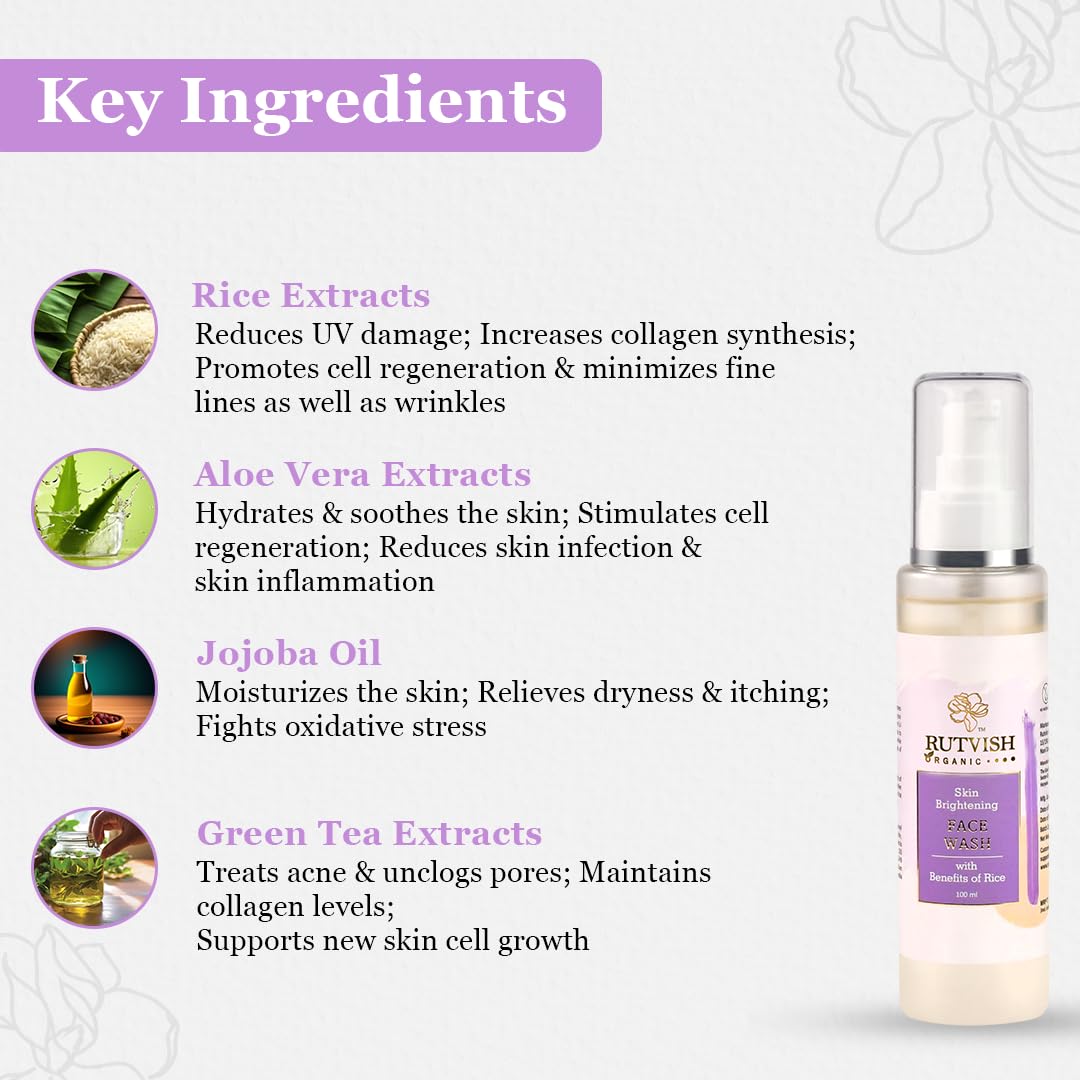 Skin Brightening Face Wash 100ml with Rice Extracts | Hydrating & Anti-Acne Cleanser for Dry Skin | Reduces Blackheads & Brightens Complexion | Perfect for Daily Skincare Routine & Acne-Prone Skin