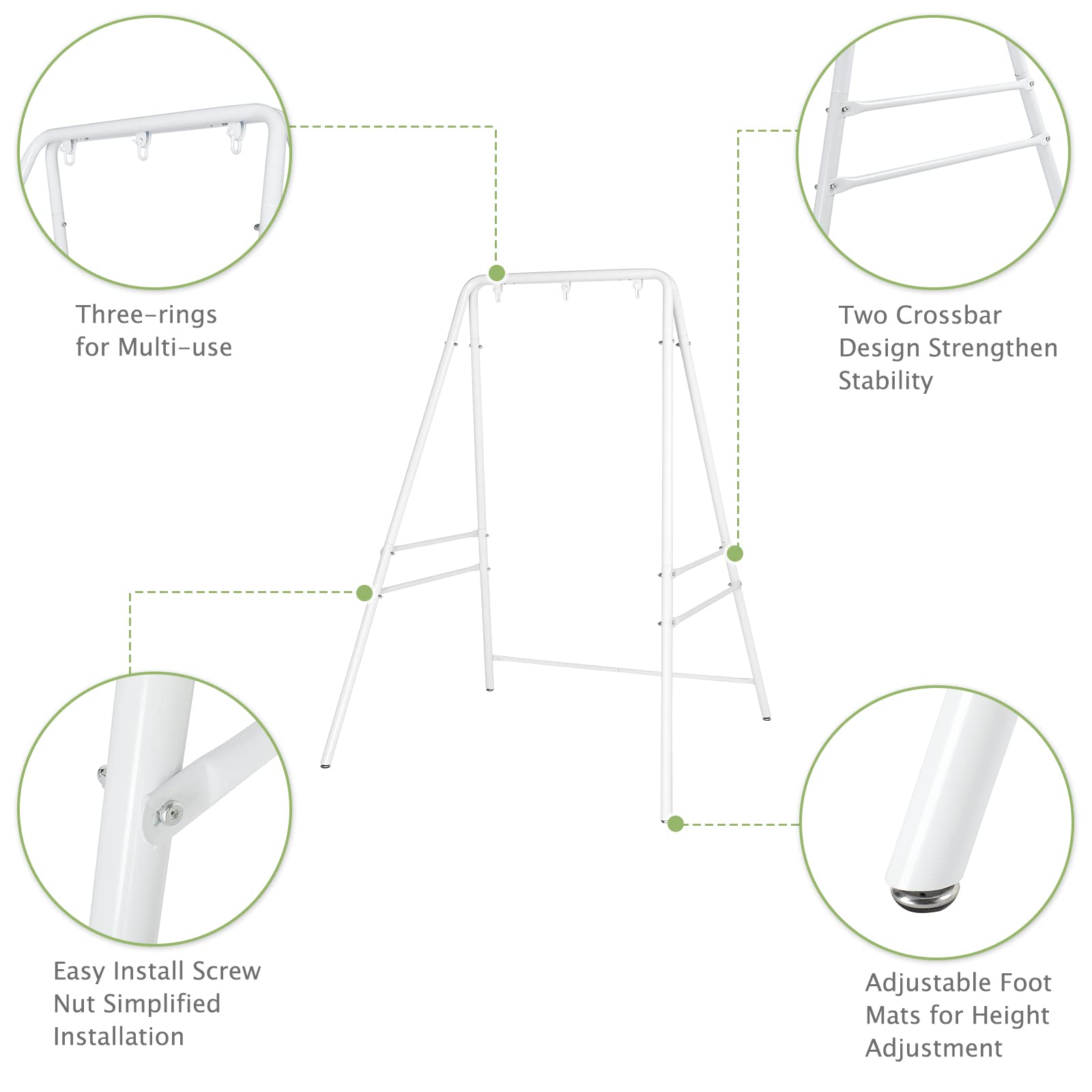 Heavy-Duty Wrought Iron Hammock Chair Stand with 3 Rings - Adjustable 4-Legged Swing Stand for Indoor/Outdoor Use - Sensory Swing Stand with Non-Slip Foot Pads - Perfect for Porch, Patio, Garden, Nursery or Meditation Space (White)