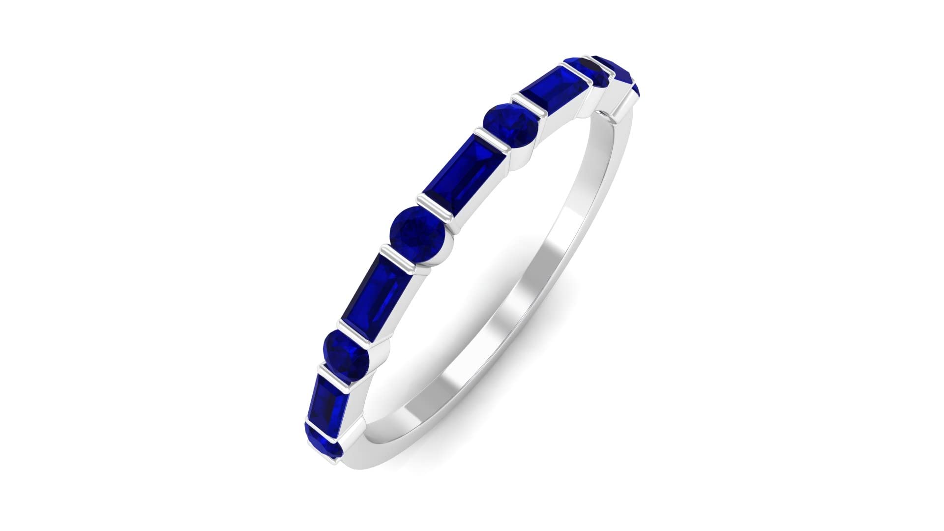 Exquisite 14K Solid Gold Blue Sapphire Half Eternity Ring with Baguette & Round Cut Stones | Elegant Bar Set Semi Eternity Band | Perfect for Anniversaries, Engagements & Special Occasions