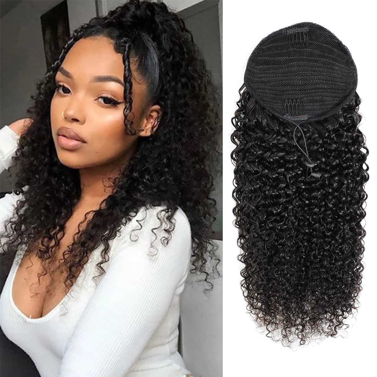 Afro Kinky Curly Human Hair Ponytail Extension - 12 Inch 3C Natural Remy Hair Wrap Drawstring Ponytail with Clip for Black Women | Perfect for Daily Wear, Parties & Protective Styles