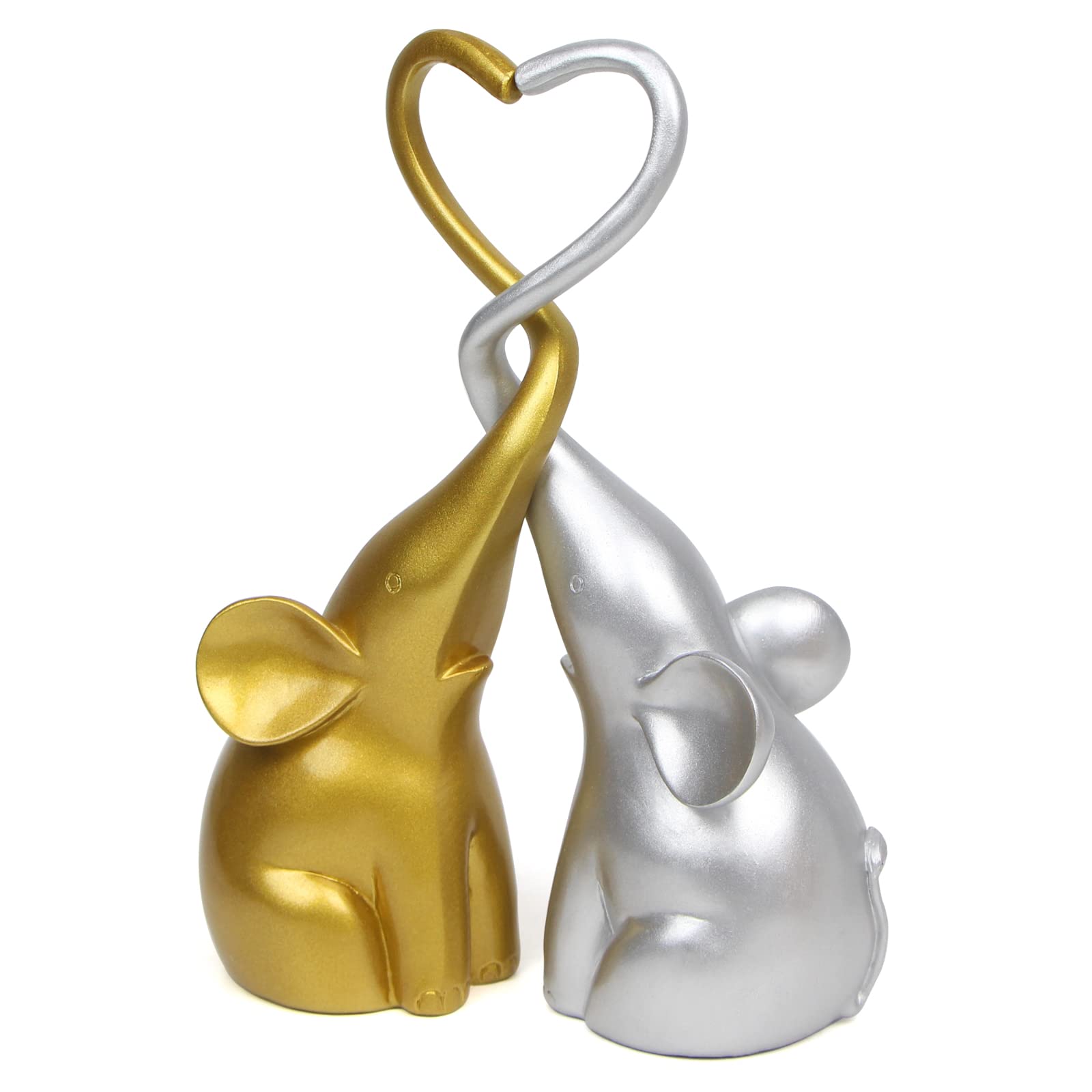 2Pcs Loving Elephant Statues - Silver & Gold Elephant Figurines for Home Decor, Cute Animal Sculpture Gift | Perfect for Living Room, Bedroom & Wedding Decorations