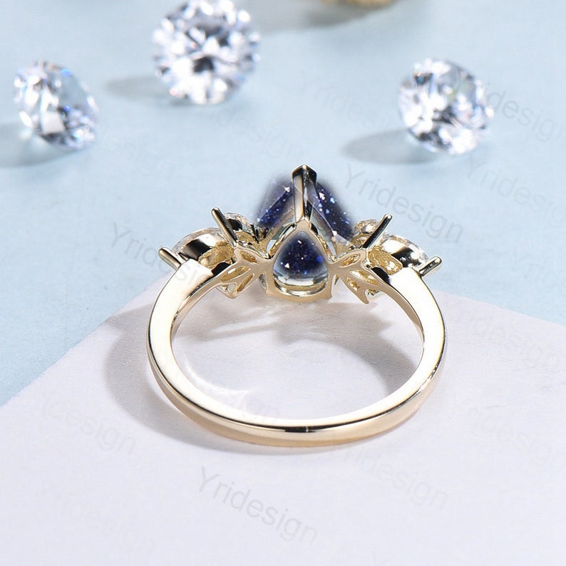 Blue Sandstone Pear Shape Ring - Vintage Galaxy Starry Sky Engagement Ring with Marquise Blue Sapphire Cluster, Women's Wedding Band & Proposal Gift for Anniversary, Valentine's Day & Special Occasions