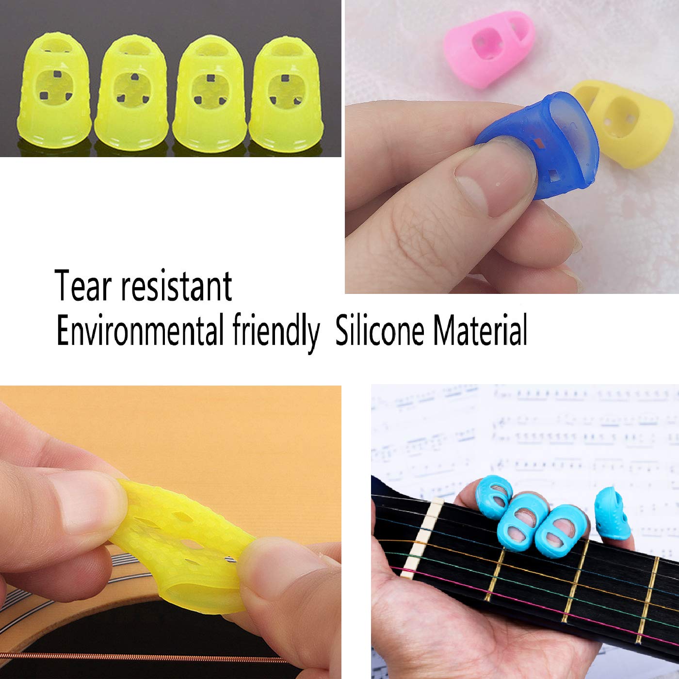 48Pcs Silicone Guitar Finger Protectors - 4 Sizes Finger Guards with 5Pcs Thumb & Forefinger Picks + 10 Guitar Picks for Ukulele, Electric Guitar - Perfect for Practice, Beginners & Long Playing Sessions