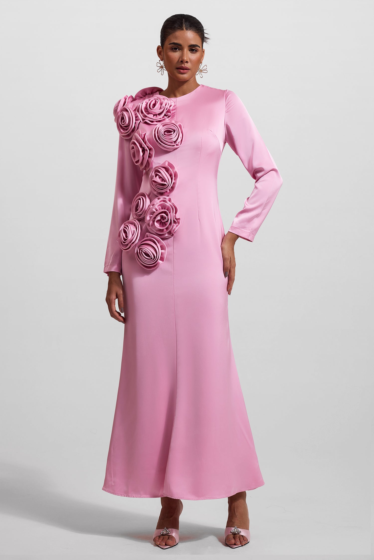 Elegant 3D Floral Print Satin Long Sleeve Midi Dress for Women - Perfect for Weddings, Parties & Special Occasions