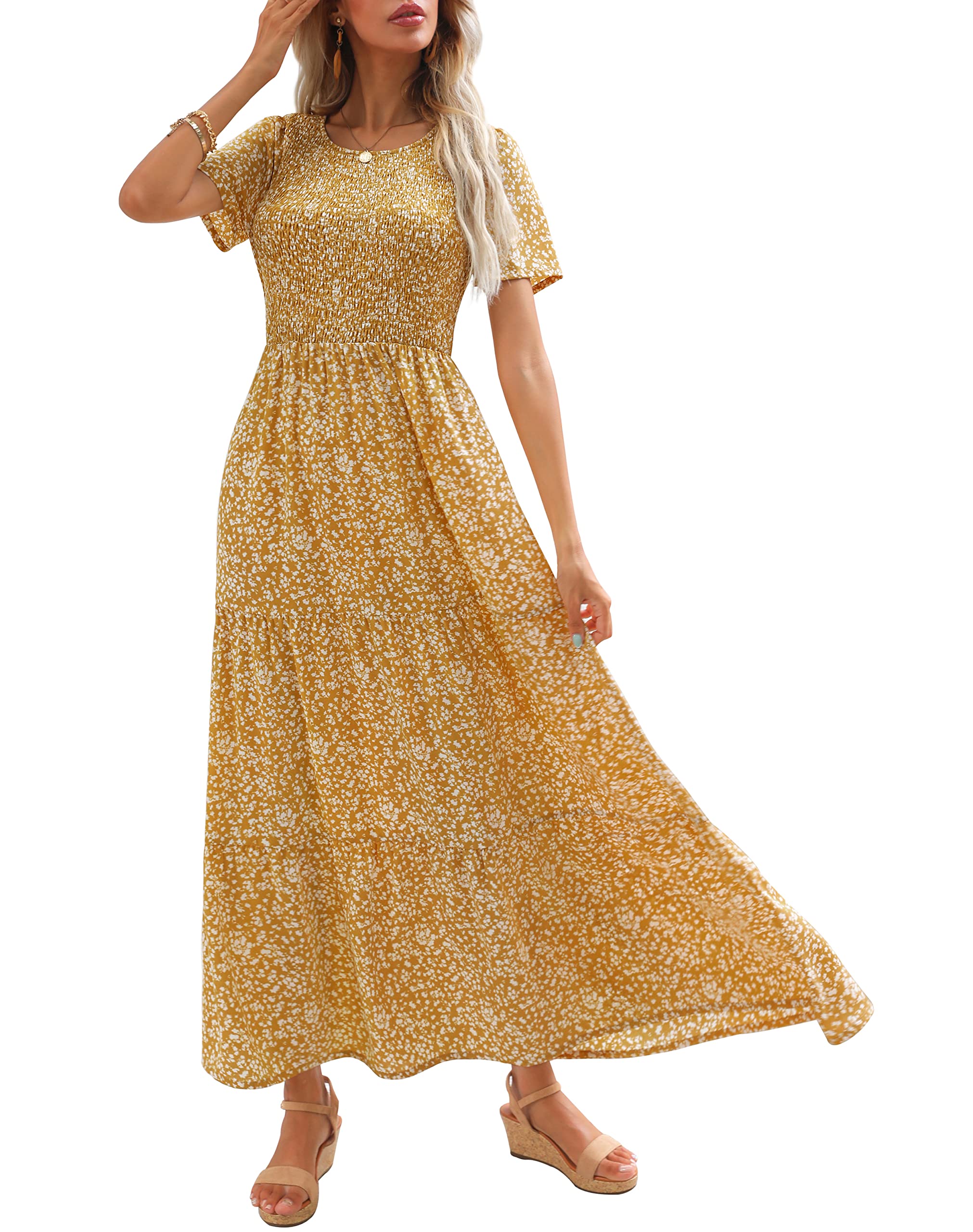 Maggeer Women's Floral Boho Maxi Dress - Short Sleeve Smocked Wedding Guest Dress for Spring Summer 2025 | Flowy Long Dress for Casual Wear, Beach Vacation, Garden Party & Special Occasions
