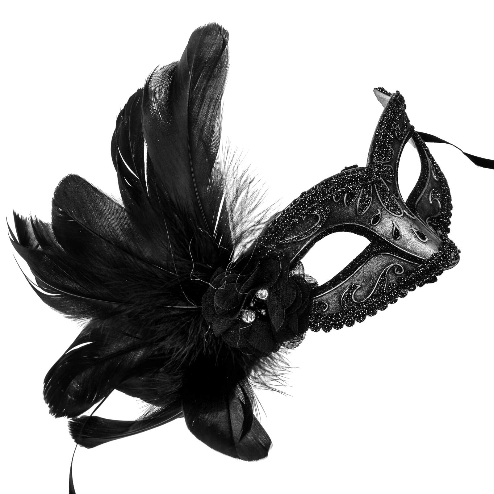 Venetian Masquerade Feather & Lace Party Mask - Elegant Dark Silver Masquerade Mask for Costume Parties, Halloween, Balls & Venetian Carnival | Perfect for Mardi Gras, Themed Events & Cosplay