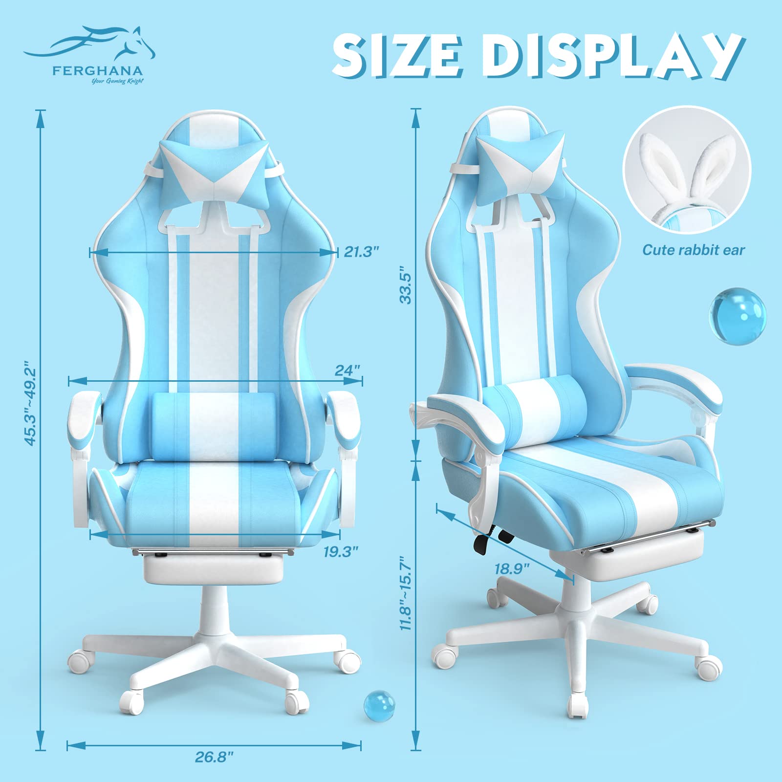 Ferghana Blue Gaming Chair with Bunny Ears - Ergonomic Massage Office & PC Gaming Chair with Footrest for Adults & Teens - Cute Kawaii Computer Game Chair for Girls - Racing Reclining Gamer Chair for Streaming, Esports & Home Office