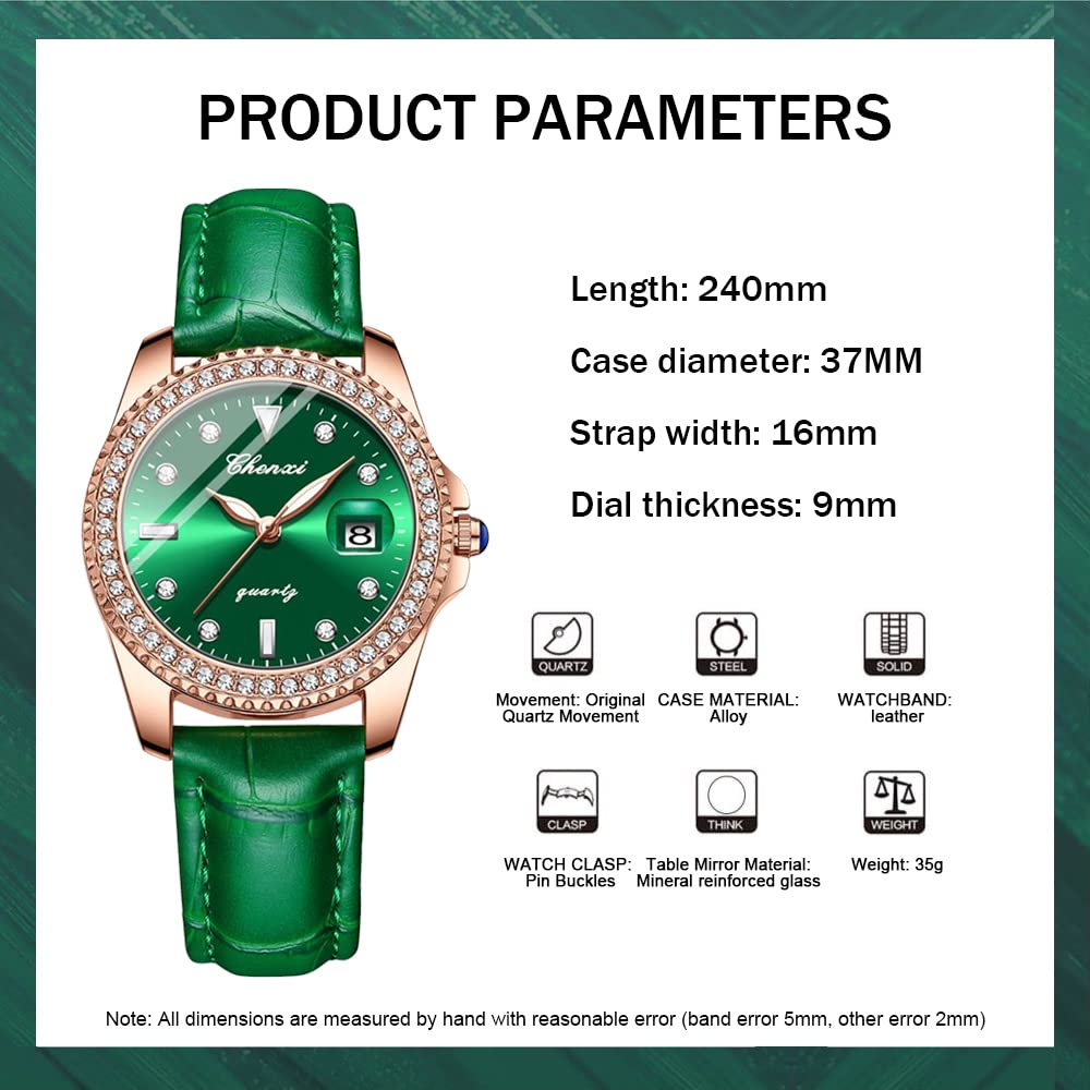 Luxury Green Iced Out Women's Watch - Quartz Movement, Crystal Rhinestone Diamond, Leather Strap | Elegant Wristwatch for Women | Perfect for Parties, Weddings & Special Occasions