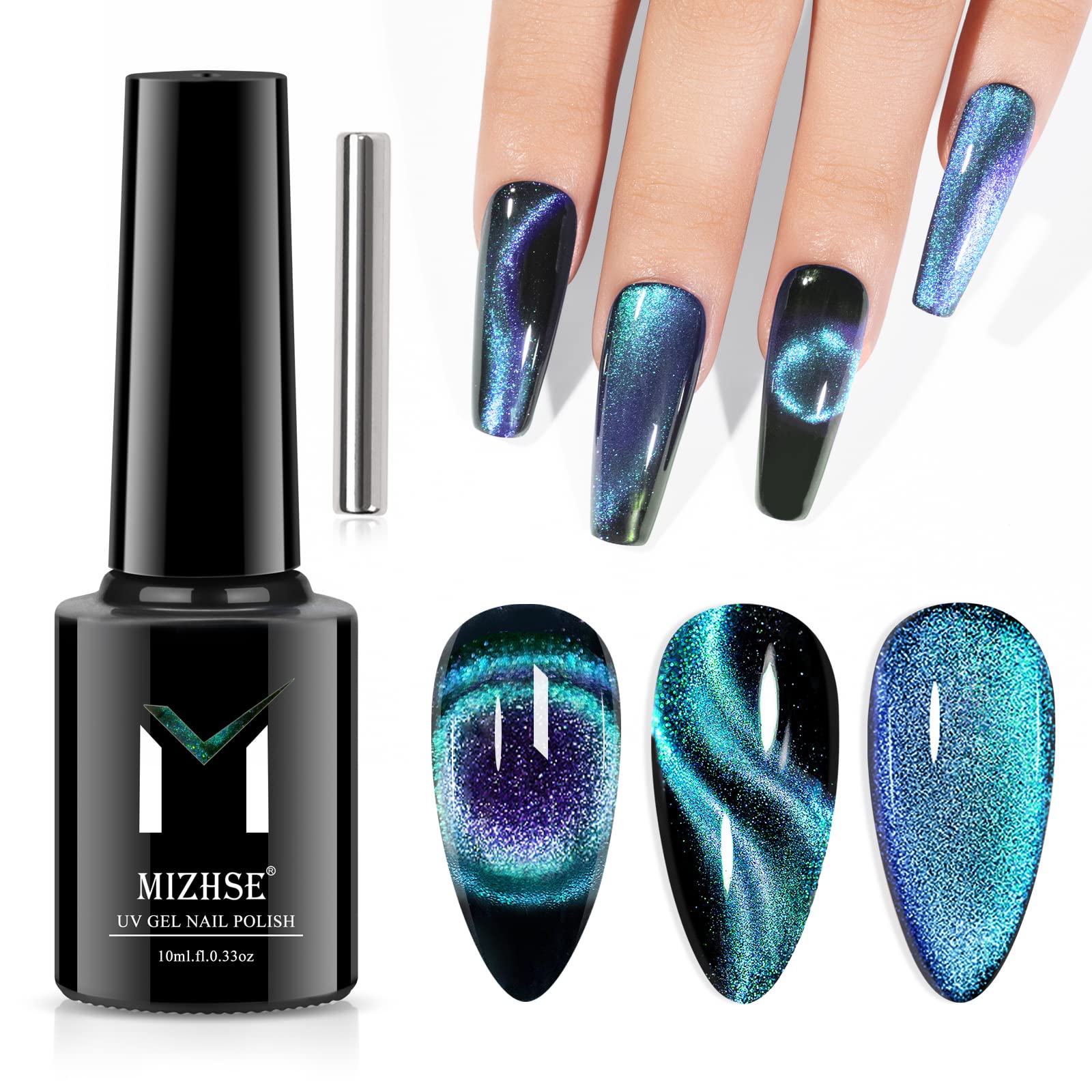 MIZHSE 9D Cat Eye Gel Nail Polish 10ml - Holographic Galaxy Magnetic Nail Polish with Chameleon Effect (Cyan Blue) - Long Lasting UV/LED Gel for Salon & Home Manicure - Perfect for Parties, Weddings & Special Occasions