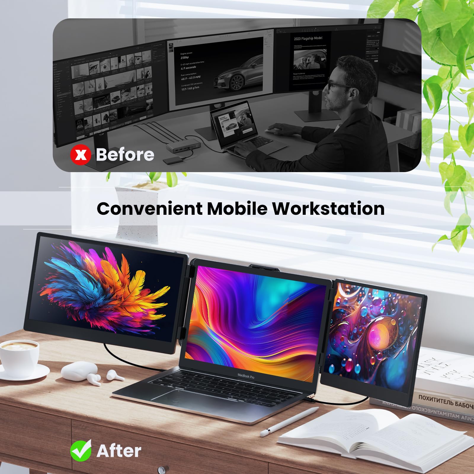 12'' Triple Screen Extender - Ultra Slim 1080P FHD IPS Portable Monitor with Stand for Laptop, Compatible with Mac Windows Linux Switch PS4/5 - Perfect for Gaming, Coding & Multitasking