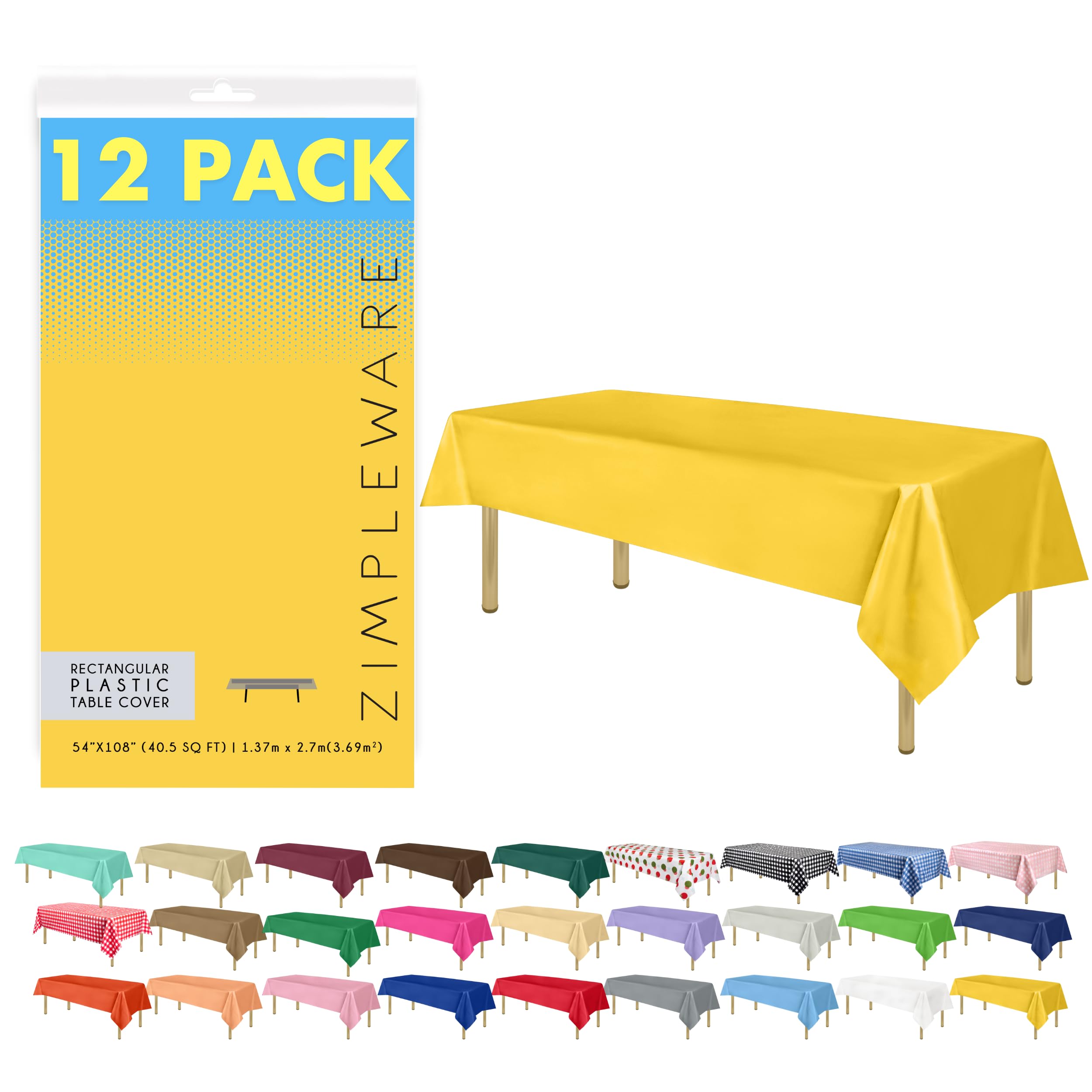 Premium Yellow Disposable Plastic Tablecloth (12 Pack) - 54x108 Inch Rectangle Plastic Table Cover for 6-8ft Tables - Ideal for Parties, Picnics, BBQs & Outdoor Events