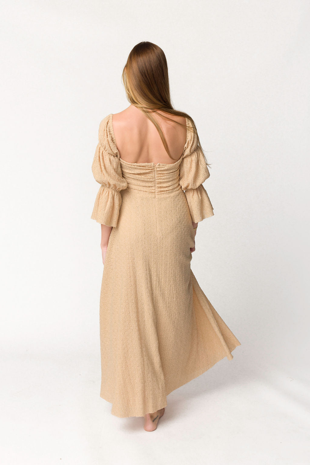 Corrine Tiered Sleeve Maxi Dress with Pockets - Bump Friendly Maternity Dress in Beige | Perfect for Pregnancy, Nursing, and Special Occasions