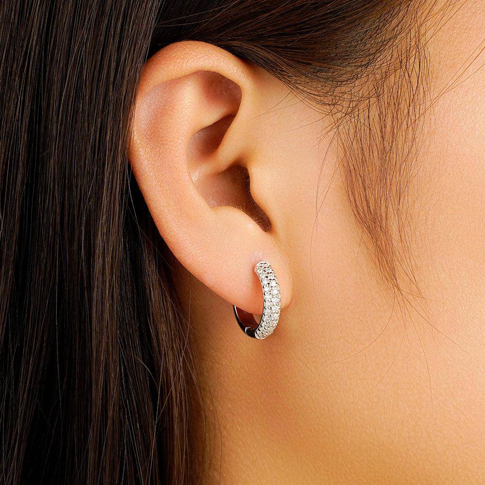 Round Three Row Pavé Moissanite Hoop Earrings - 14K Gold Plated Dainty Huggie Earrings for Women, Perfect for Weddings, Parties & Everyday Elegance