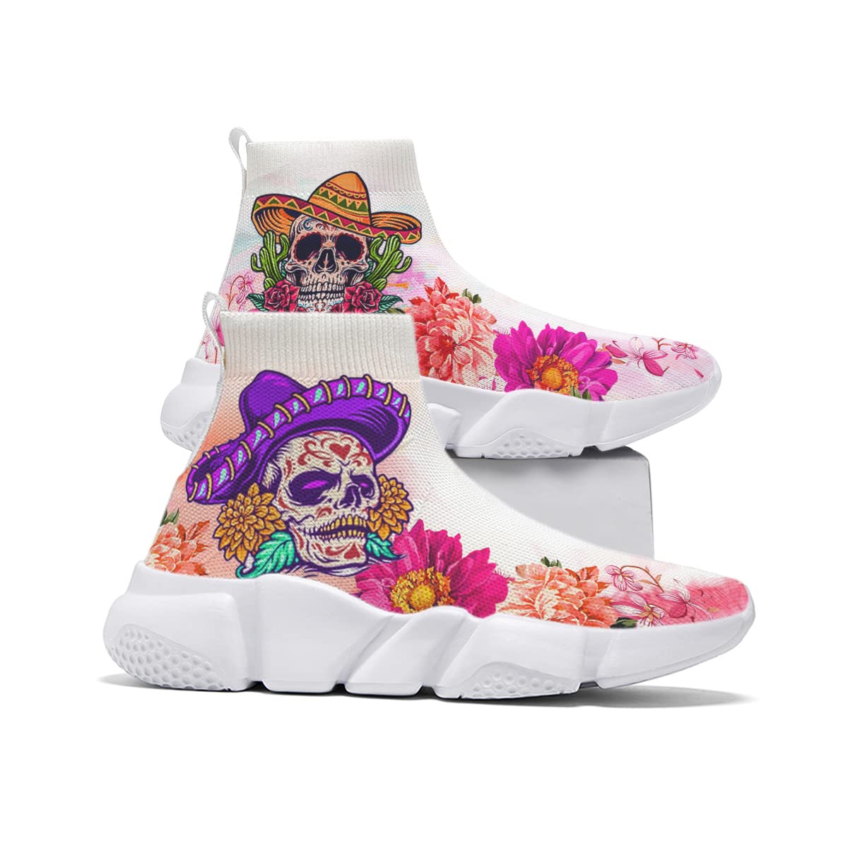Hetios Women's Skull Print Slip-On Sneakers - Breathable Knit Running Shoes for Walking, Jogging & Casual Wear | Trendy White Athletic Shoes for Women | Perfect for Gym, Workout & Street Style Fashion