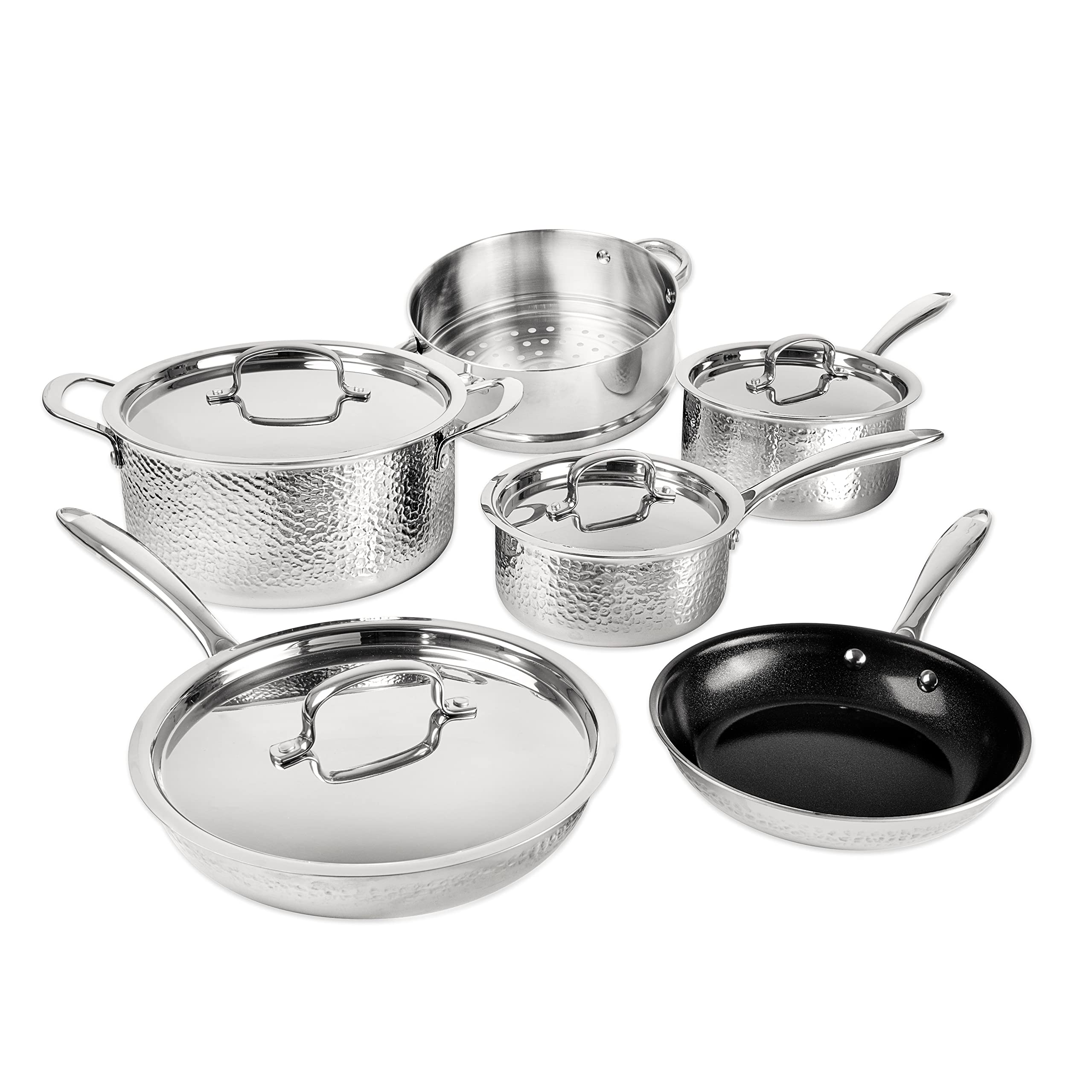 Granitestone Hammered Stainless Steel Cookware Set - 12-Piece Tri-Ply Premium Ceramic Nonstick Pots & Pans with Hammered Finish | Includes Frying Pans, Stock Pots & Skillets | Perfect for Home Cooking, Professional Chefs & Gift Giving