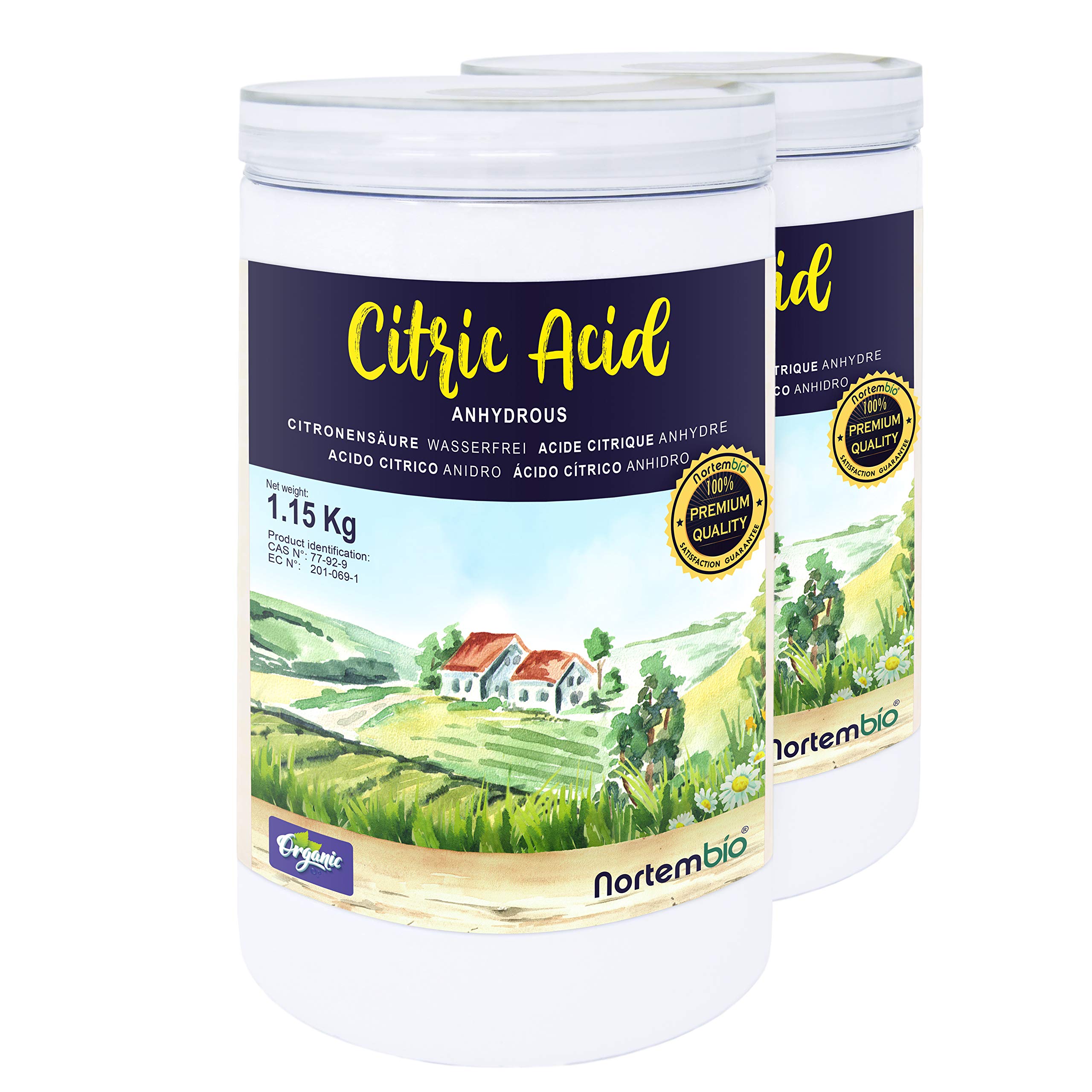 Nortembio Organic Citric Acid Anhydrous Powder - 2 Pack (1.15 kg Each) | 100% Pure for Cleaning, Laundry & Organic Production | Includes Free E-Book with Cleaning Tips | Perfect for Descaling, Dishwashing & Eco-Friendly Home Care