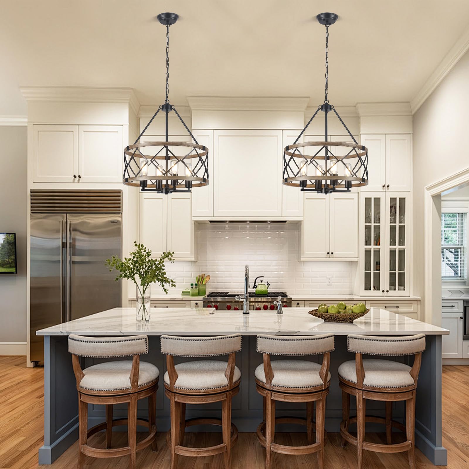 Farmhouse Chandelier 4-Light Rustic Wood Grain Pendant Light - Modern Industrial Dining Room Chandelier for Kitchen Island, Entryway, Foyer & Hallway | E26 Base Metal Fixture | Perfect for Country Homes, Restaurants & Cabin Decor