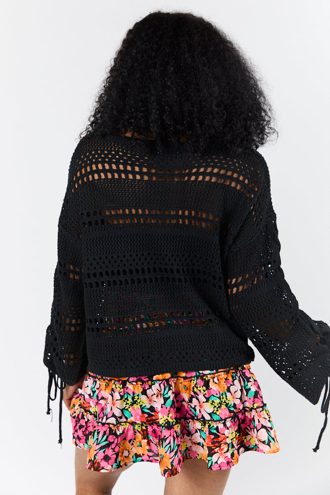 Easy Going Black Open Knit Boat Neck Sweater for Women - Lightweight Loose Fit Pullover Top for Casual Wear & Layering