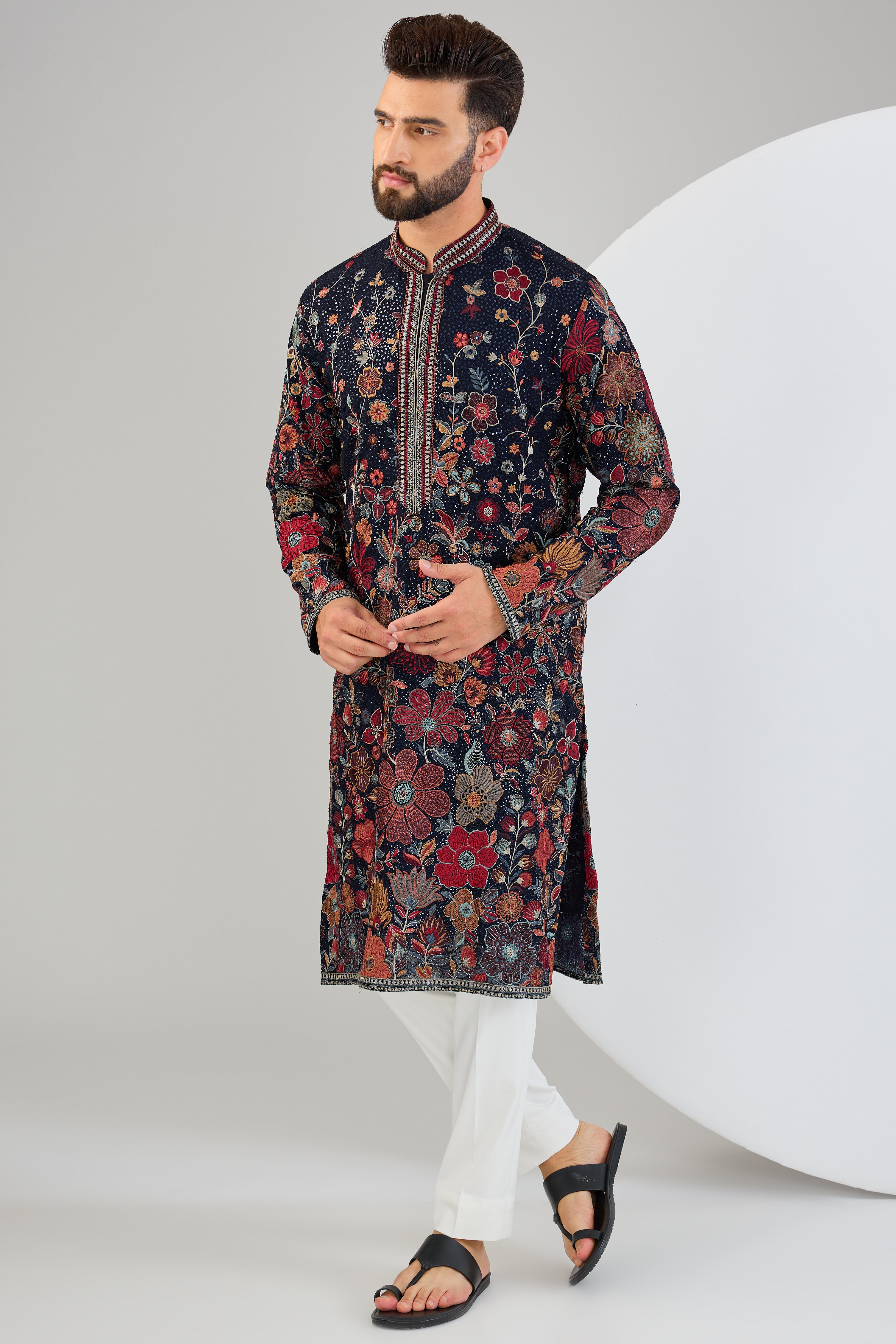 Elegant Navy Blue Chikankari Kurta with Floral Embroidery - Traditional Indian Tunic for Women - Perfect for Festivals, Weddings & Casual Wear