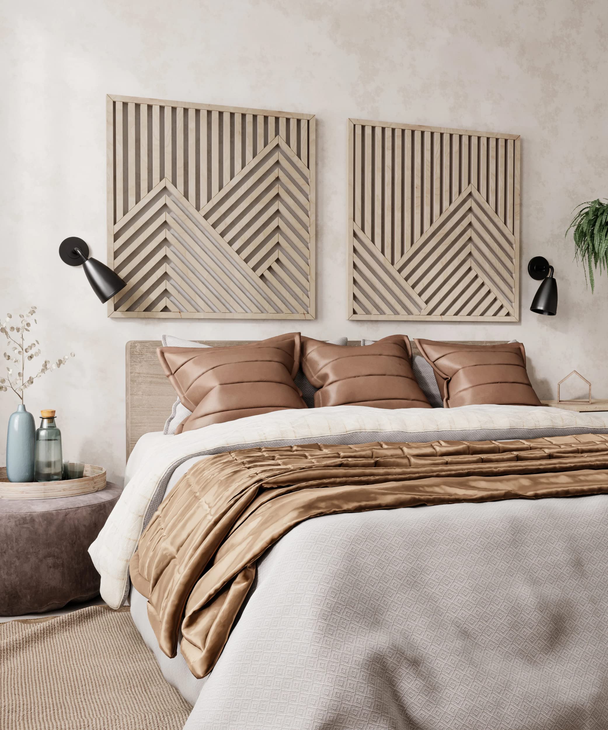 Modern Rustic Wooden Wall Art Set of 2 Panels - Handcrafted Mountains Wood Wall Decor for Living Room, Bedroom & Office - 11.63'' x 11.63'' Small Size - Perfect for Farmhouse, Boho & Scandinavian Style Homes