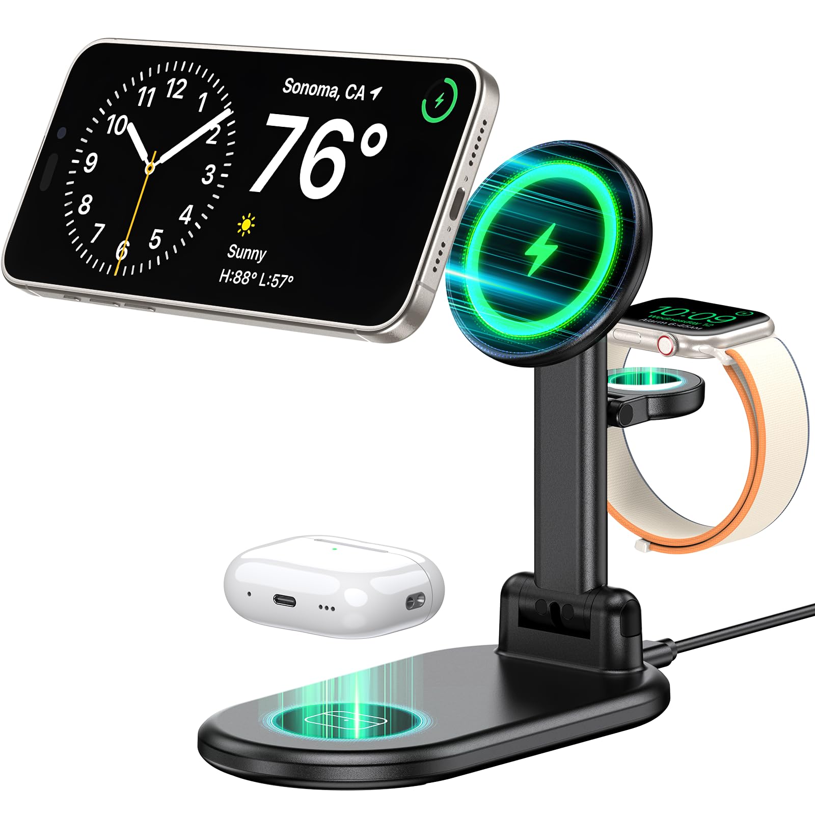 3-in-1 Magnetic Wireless Charging Station with MagSafe - 15W Fast Foldable Charger for iPhone 16/15/14/13/12, Apple Watch & AirPods - Portable Travel Charger for Home, Office & Car (Black)