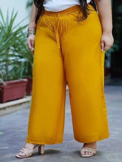 Plus Size Yellow Rayon Wide Leg Palazzo Pants for Women - Comfortable High Waisted Flowy Trousers for Casual Wear, Office & Summer Outfits