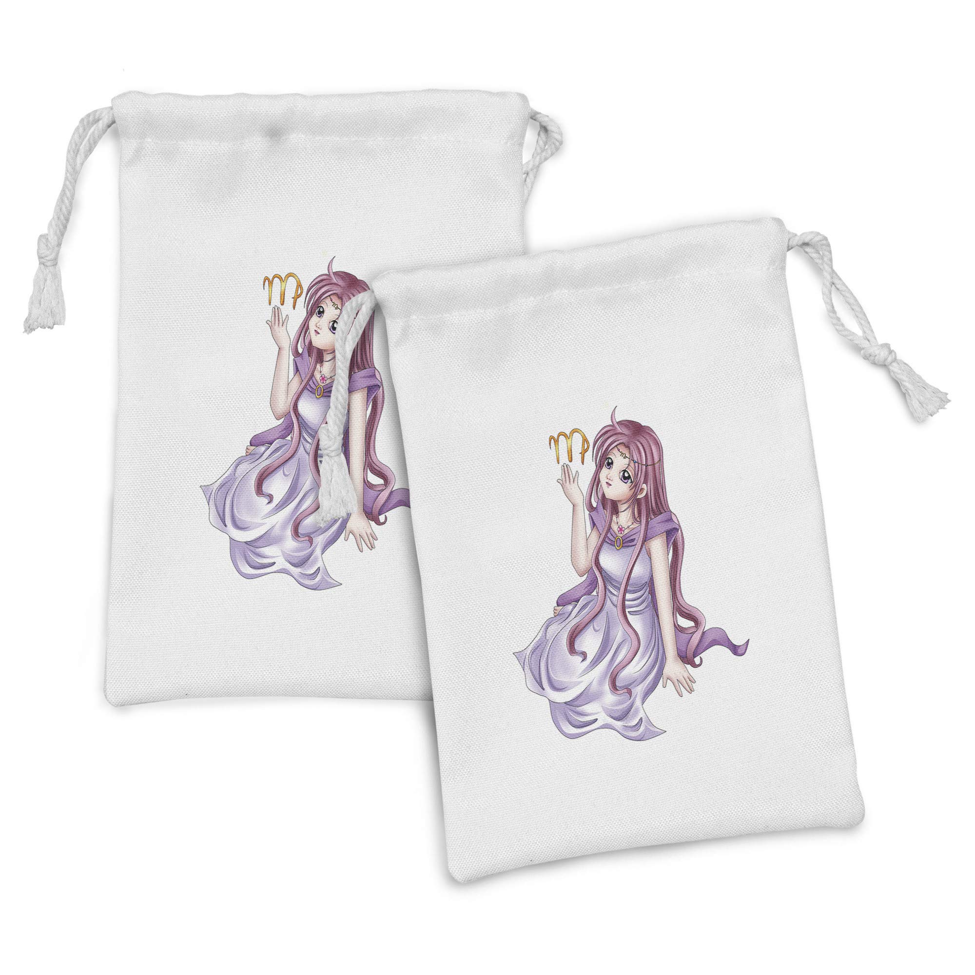 Ambesonne Zodiac Virgo Fabric Pouch Set of 2 - Manga Style Virgo Young Girl Character Drawstring Bags (9
