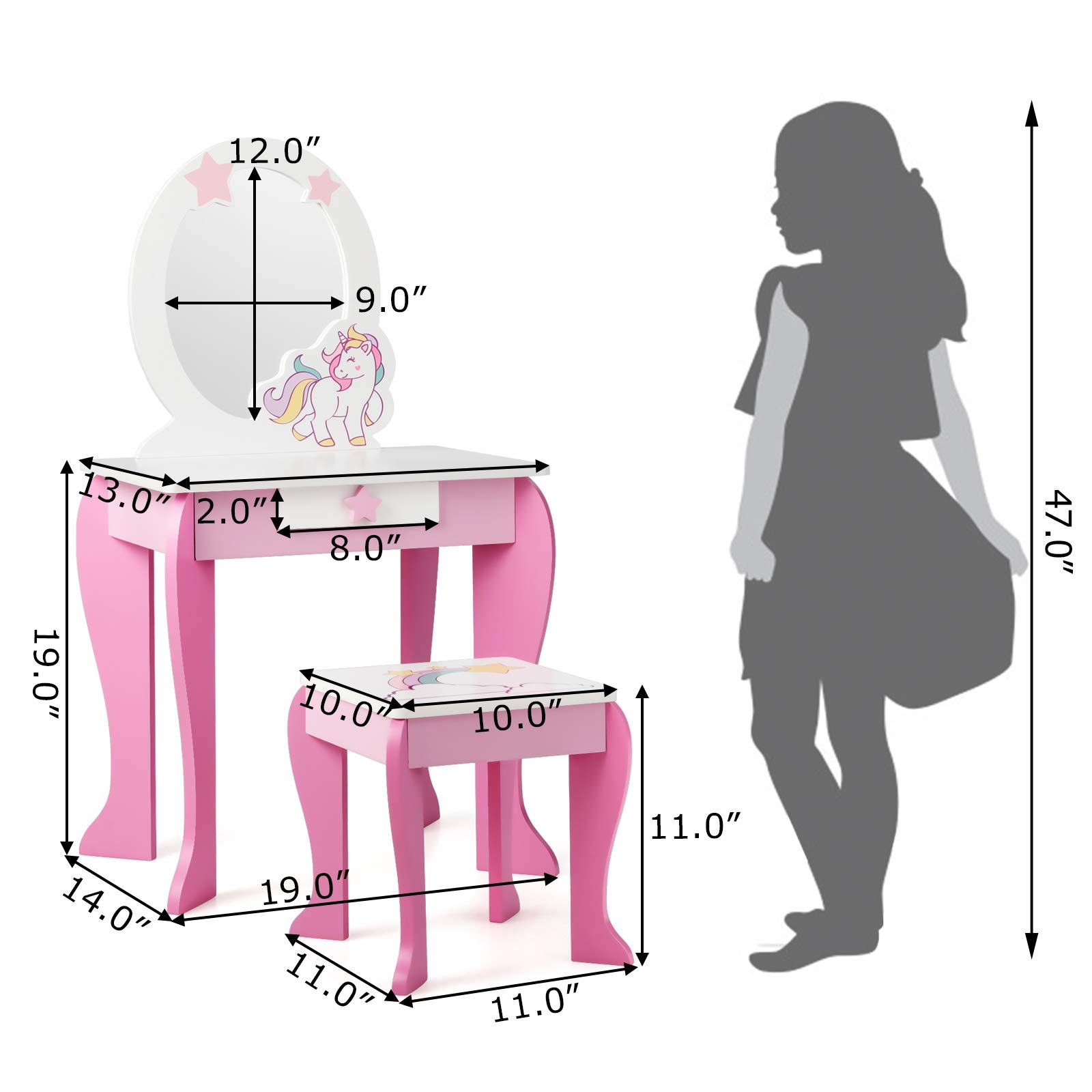 **Pink Princess Vanity Set for Toddler Girls - Kids Makeup Table with Stool, Detachable Mirror & Storage Drawer - Pretend Play Dressing & Makeup Toy for Birthday Gifts & Room Decor**