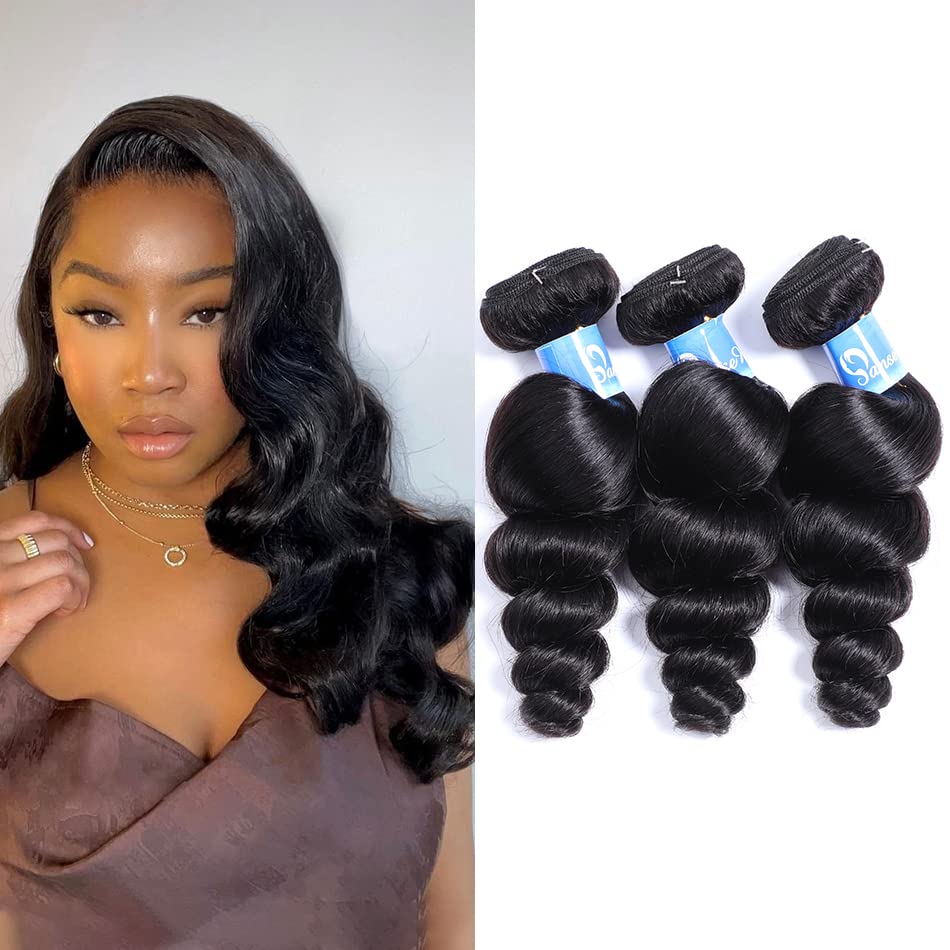 100% Unprocessed Brazilian Virgin Human Hair Bundles - 14 16 18 Inch Loose Wave Hair Extensions (1B Color) for Weaving & Styling | Perfect for Daily Wear, Parties & Special Occasions
