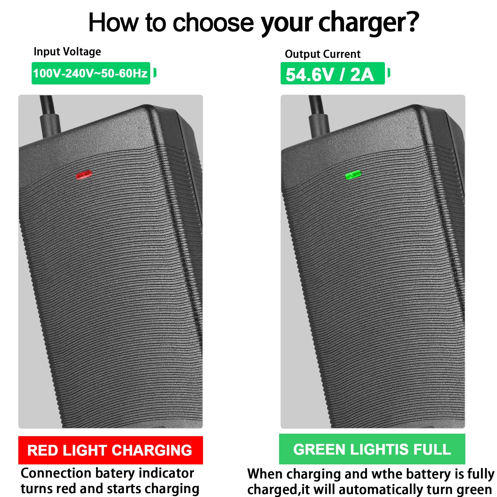 54.6V 2A Universal Charger with 6 Plugs - Compatible with 13S 48V Li-ion Batteries, Perfect for Electric Bicycles, Scooters & eBikes | Fast Charging for Commuting & Outdoor Adventures