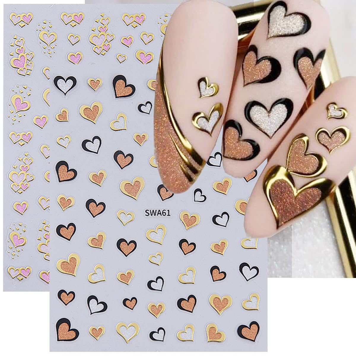 Valentine's Day Heart Nail Art Stickers - 6PCS Glitter 3D Self-Adhesive Manicure Decals with Gold Edge for Women | Perfect for Valentine's Nail Decor, Date Night, Bridal Party & Special Occasions
