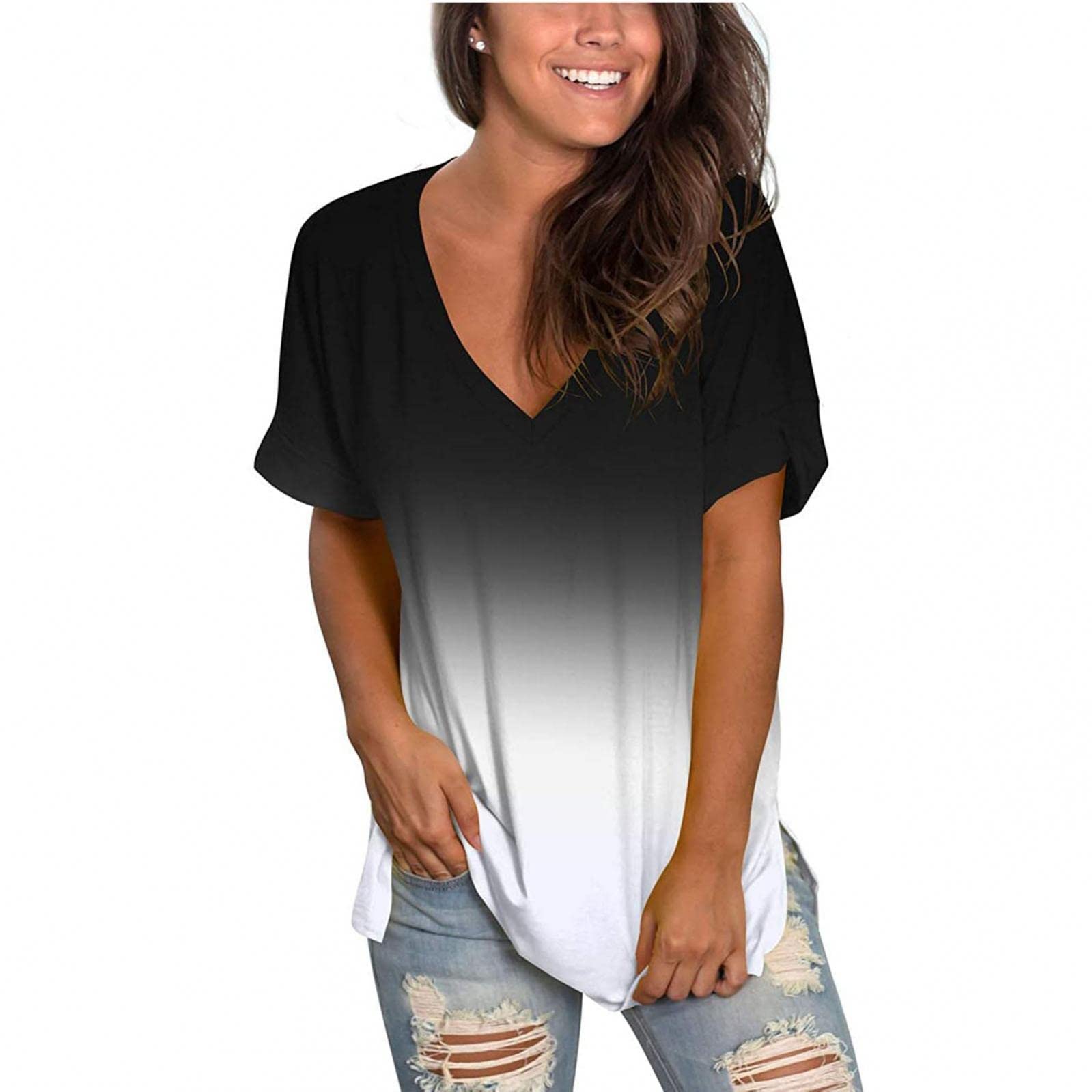 Kiasebu Women's Summer Floral Short Sleeve V-Neck T-Shirt - Trendy Cute Tunic Top for Casual Wear, Beach Outings & Daily Fashion