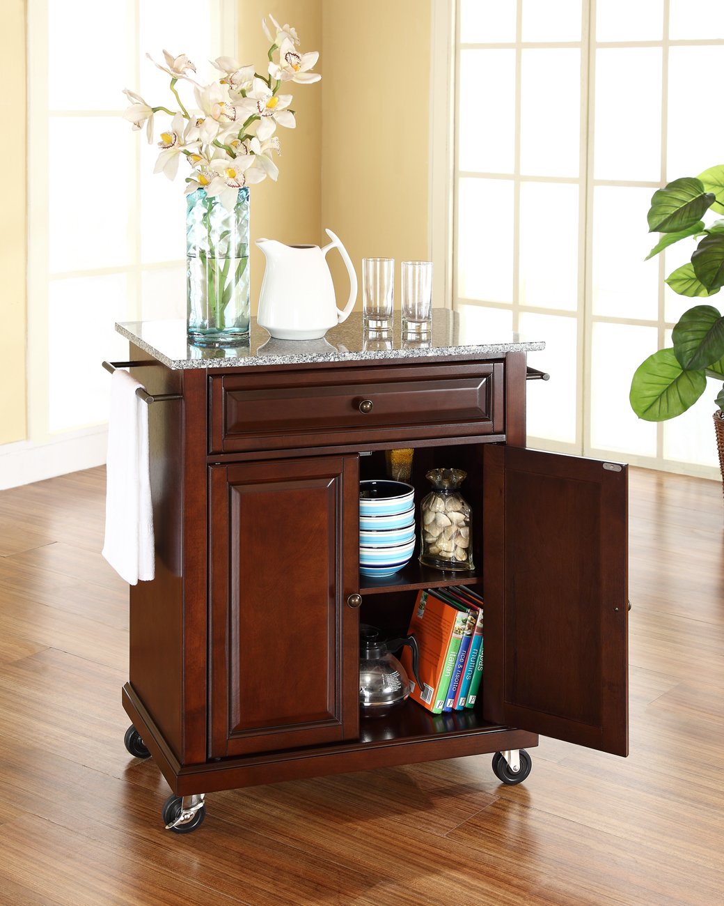 Crosley Compact Granite Top Rolling Cart with Shelves - Microwave Stand with Towel Rack, Mahogany - Perfect for Kitchen, Bathroom, or Office Storage and Organization