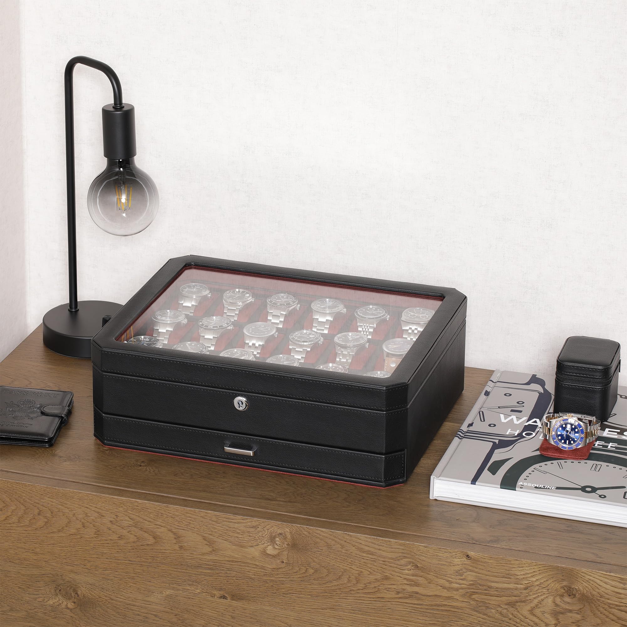 ROTHWELL 18-Slot Luxury Watch Box with Drawer - Men's Watch Display Case with Real Glass Top & Lockable Design for Watch Collections (Black/Red) - Perfect for Home, Office & Travel Storage